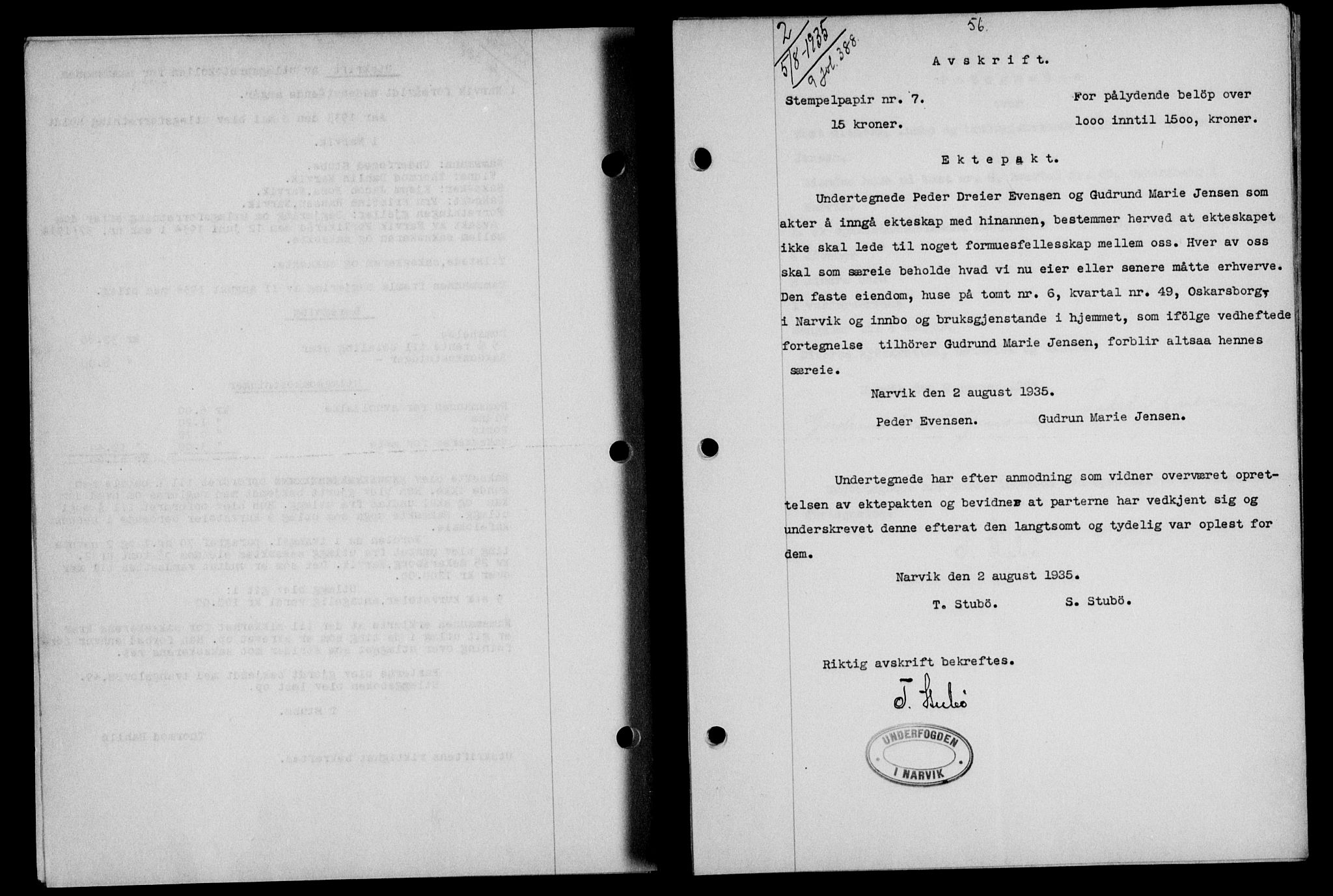 Narvik sorenskriveri, AV/SAT-A-0002/1/2/2C/2Ca/L0011: Mortgage book no. 14, 1935-1937, Deed date: 05.08.1935