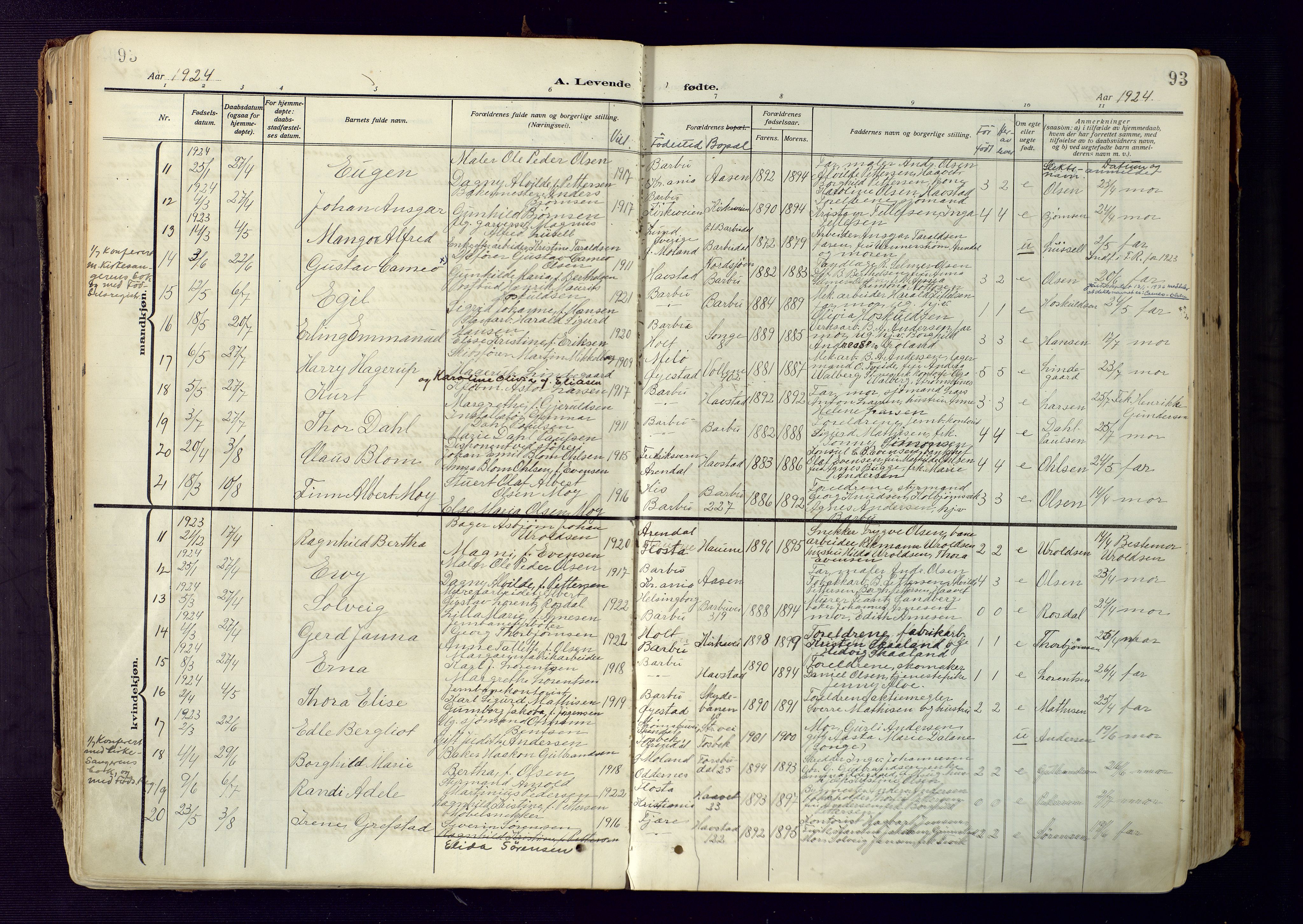 Barbu sokneprestkontor, AV/SAK-1111-0003/F/Fa/L0006: Parish register (official) no. A 6, 1910-1929, p. 93