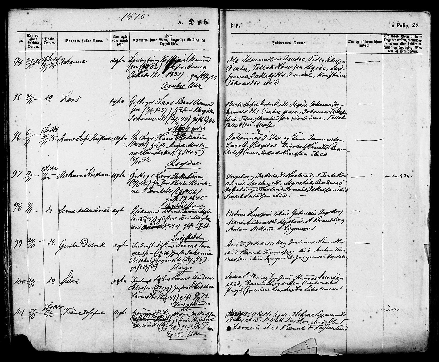 Sokndal sokneprestkontor, AV/SAST-A-101808: Parish register (official) no. A 10, 1874-1886, p. 23