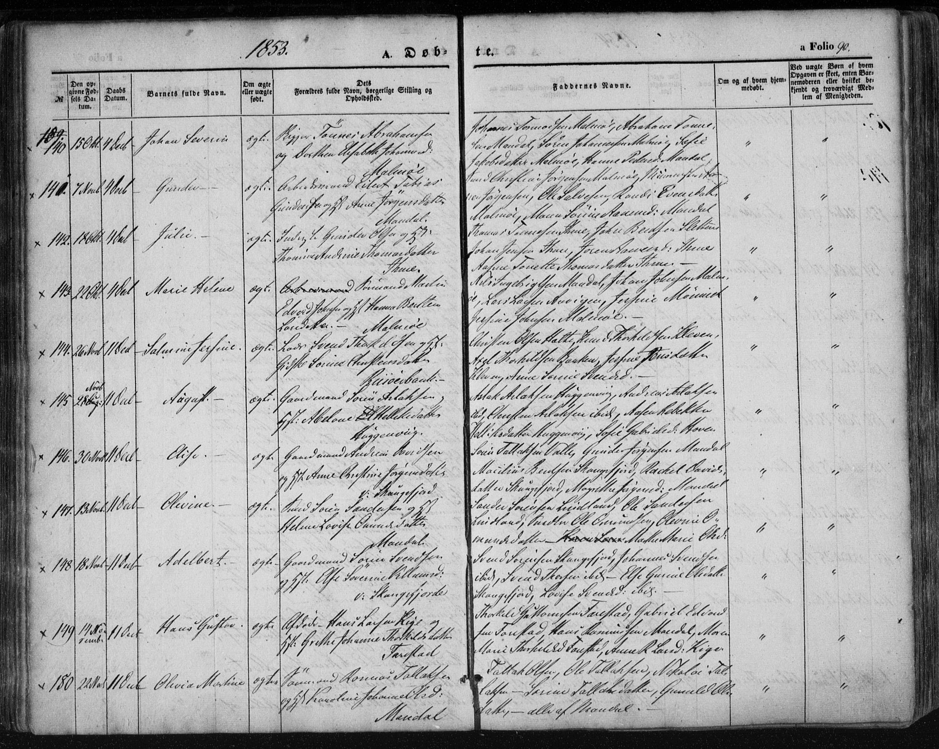 Mandal sokneprestkontor, AV/SAK-1111-0030/F/Fa/Faa/L0013: Parish register (official) no. A 13, 1847-1859, p. 90