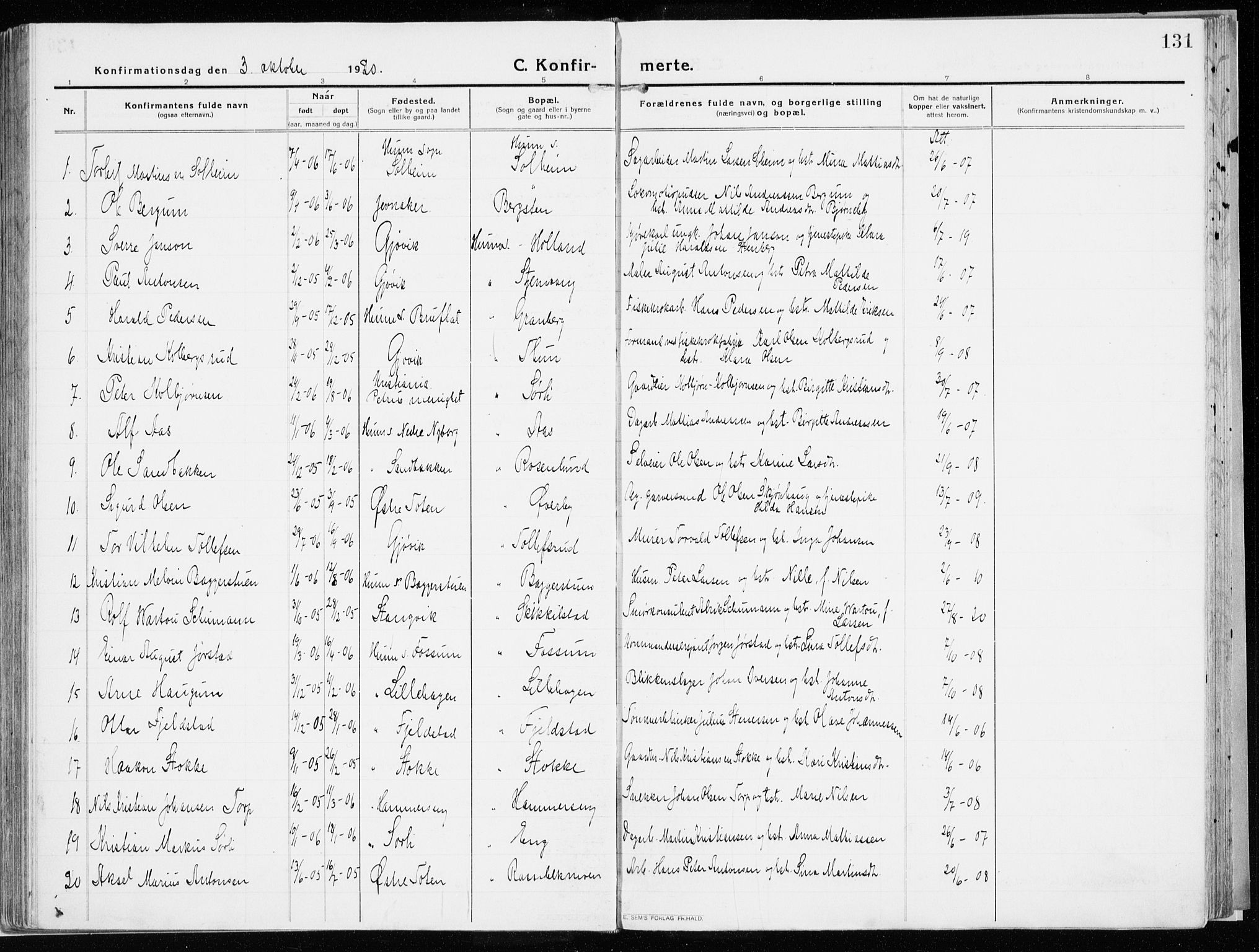 Vardal prestekontor, SAH/PREST-100/H/Ha/Haa/L0017: Parish register (official) no. 17, 1915-1929, p. 131