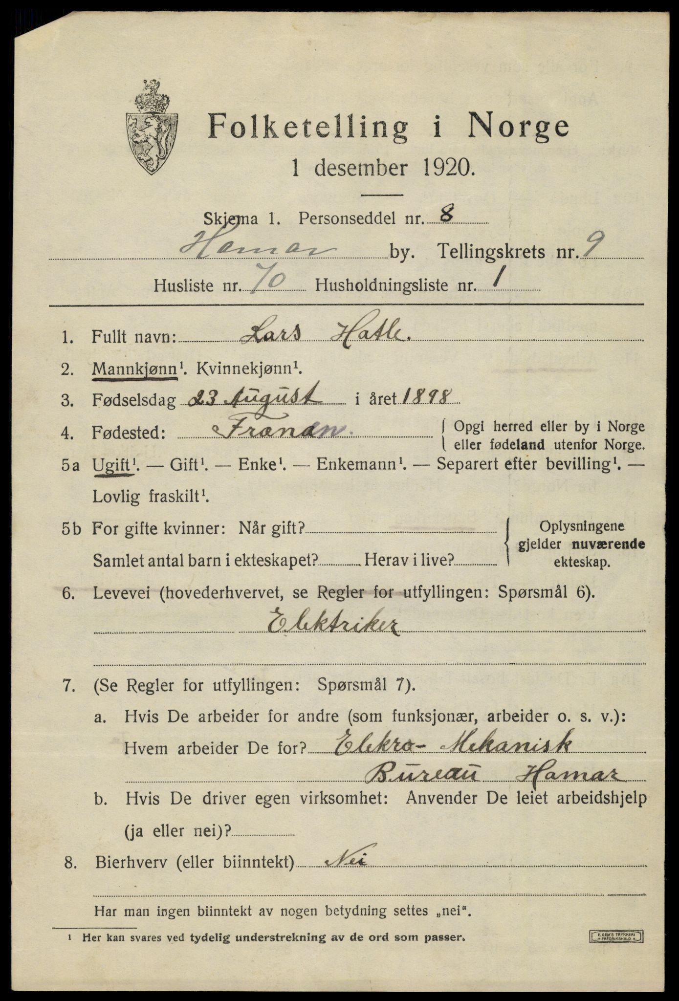 SAH, 1920 census for Hamar, 1920, p. 17531