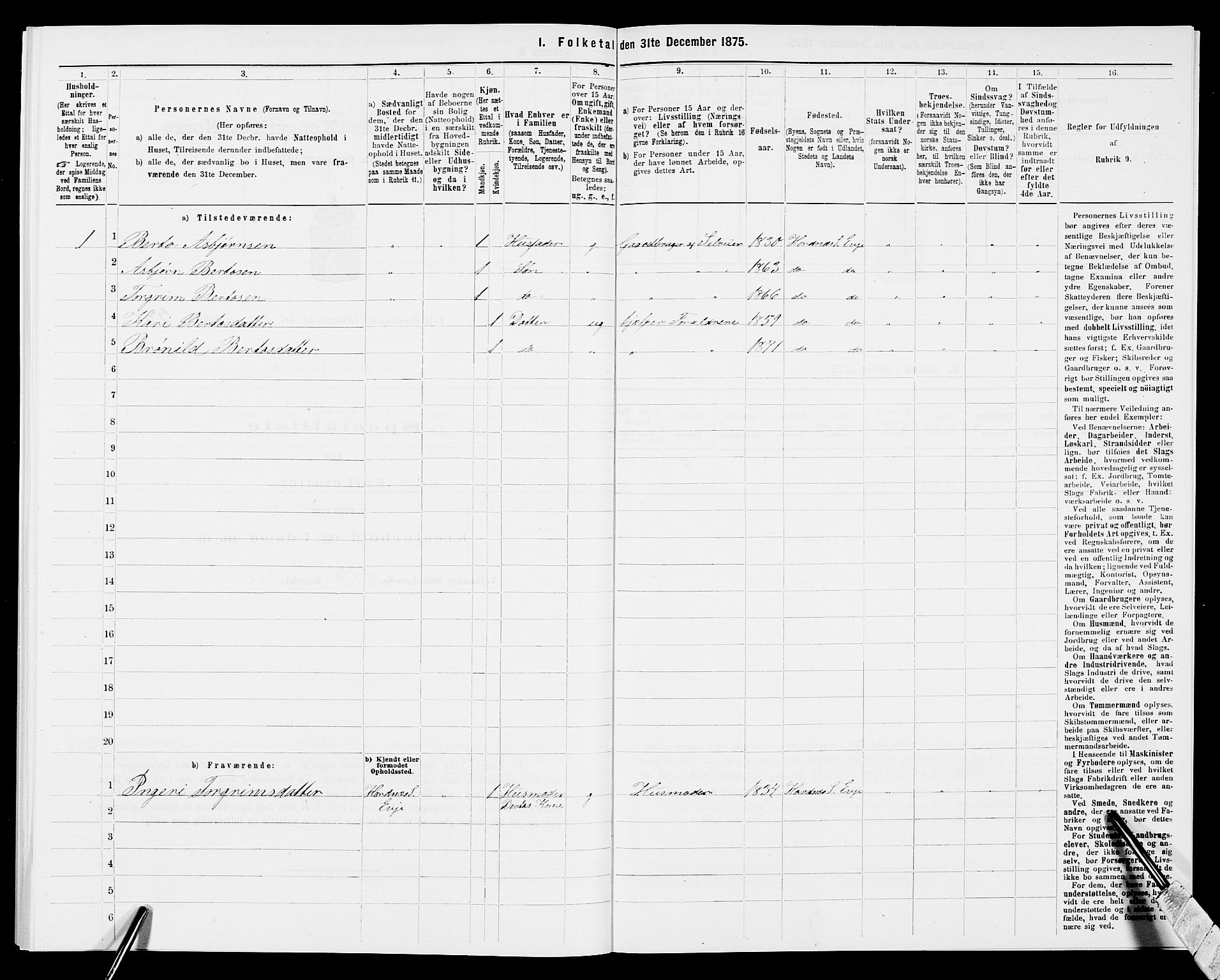 SAK, 1875 census for 0934P Evje, 1875, p. 662