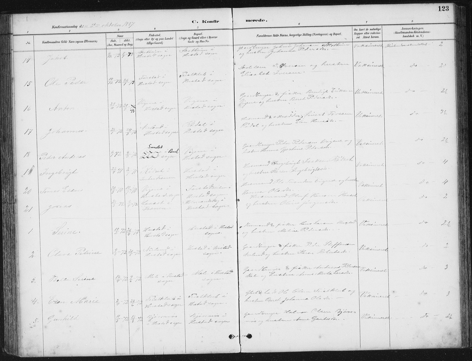 Ministerialprotokoller, klokkerbøker og fødselsregistre - Møre og Romsdal, SAT/A-1454/567/L0783: Parish register (copy) no. 567C03, 1887-1903, p. 123