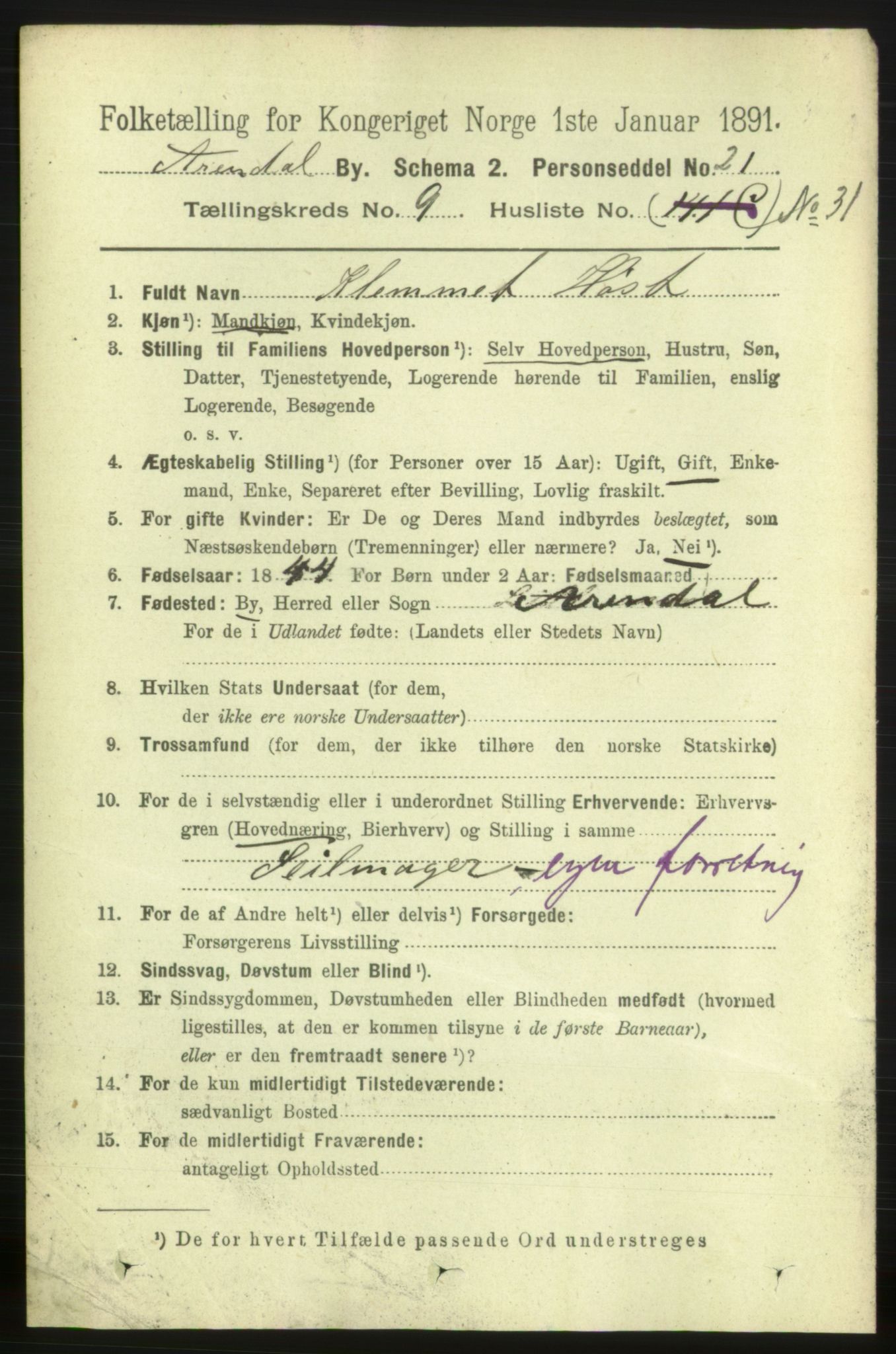 RA, 1891 census for 0903 Arendal, 1891, p. 3575