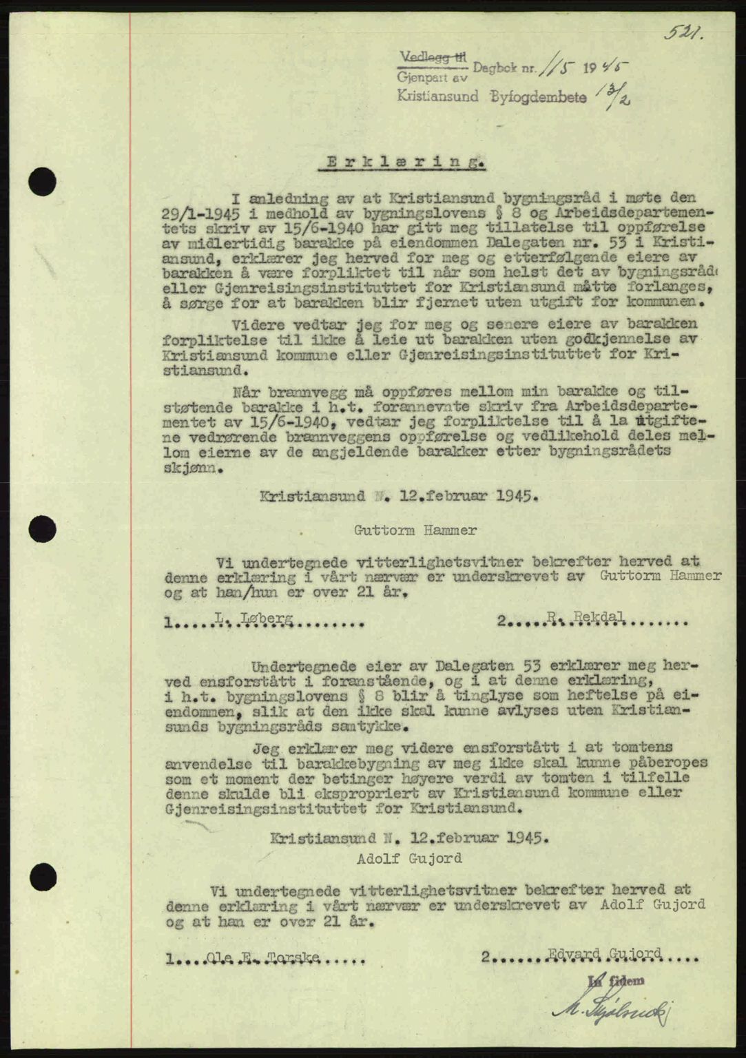 Kristiansund byfogd, SAT/A-4587/A/27: Mortgage book no. 37-38, 1943-1945, Diary no: : 115/1945