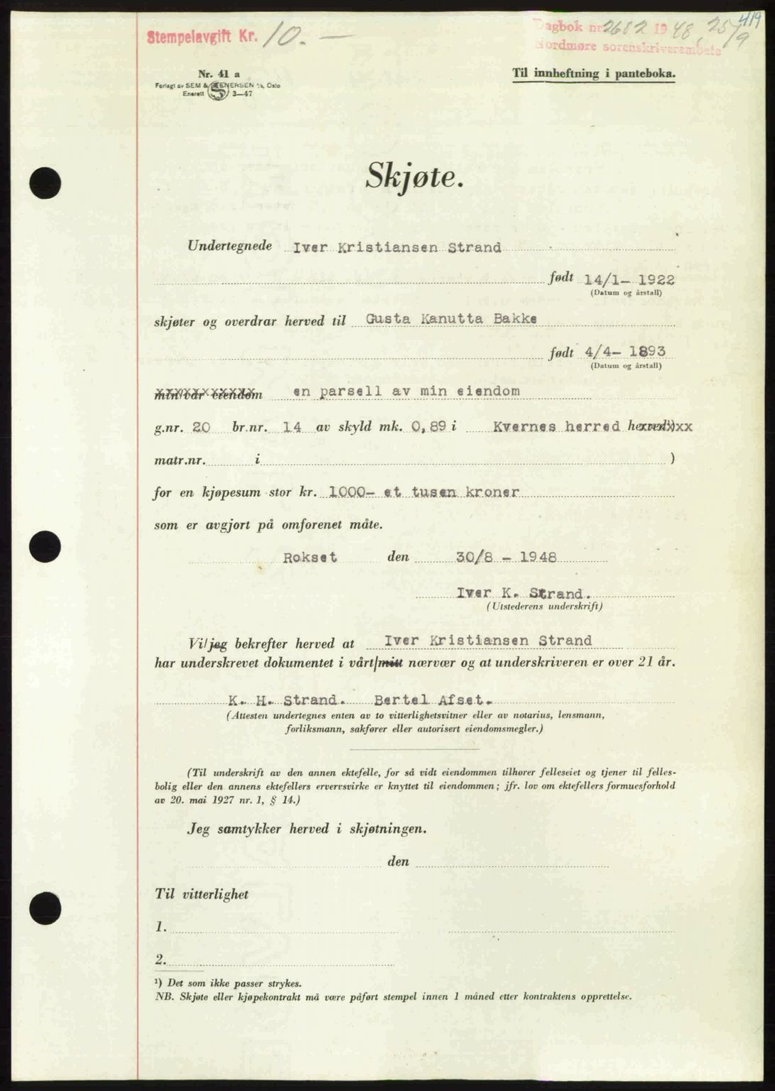 Nordmøre sorenskriveri, AV/SAT-A-4132/1/2/2Ca: Mortgage book no. A109, 1948-1948, Diary no: : 2682/1948