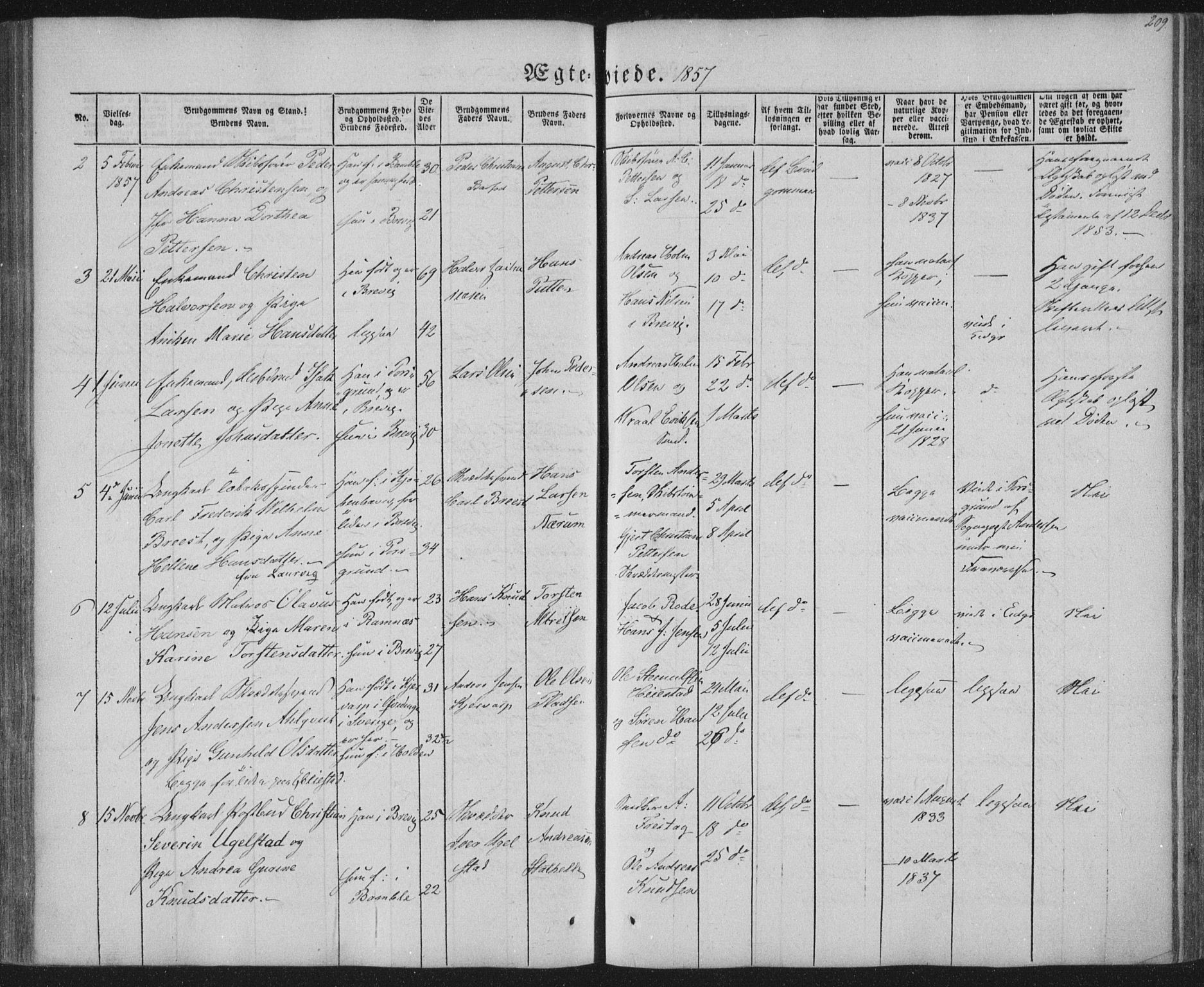 Brevik kirkebøker, SAKO/A-255/F/Fa/L0005: Parish register (official) no. 5, 1847-1865, p. 209