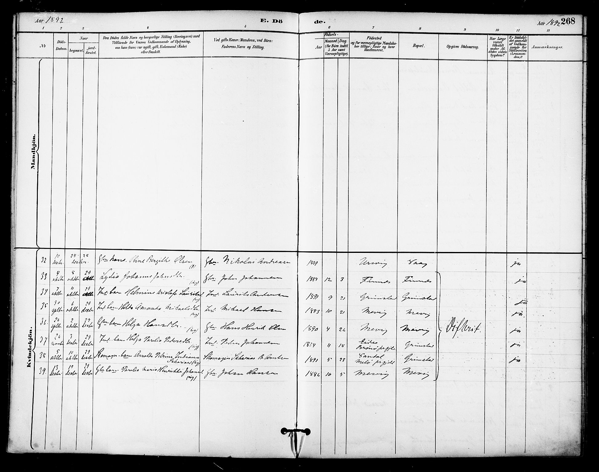 Ministerialprotokoller, klokkerbøker og fødselsregistre - Nordland, AV/SAT-A-1459/805/L0101: Parish register (official) no. 805A07, 1892-1899, p. 268