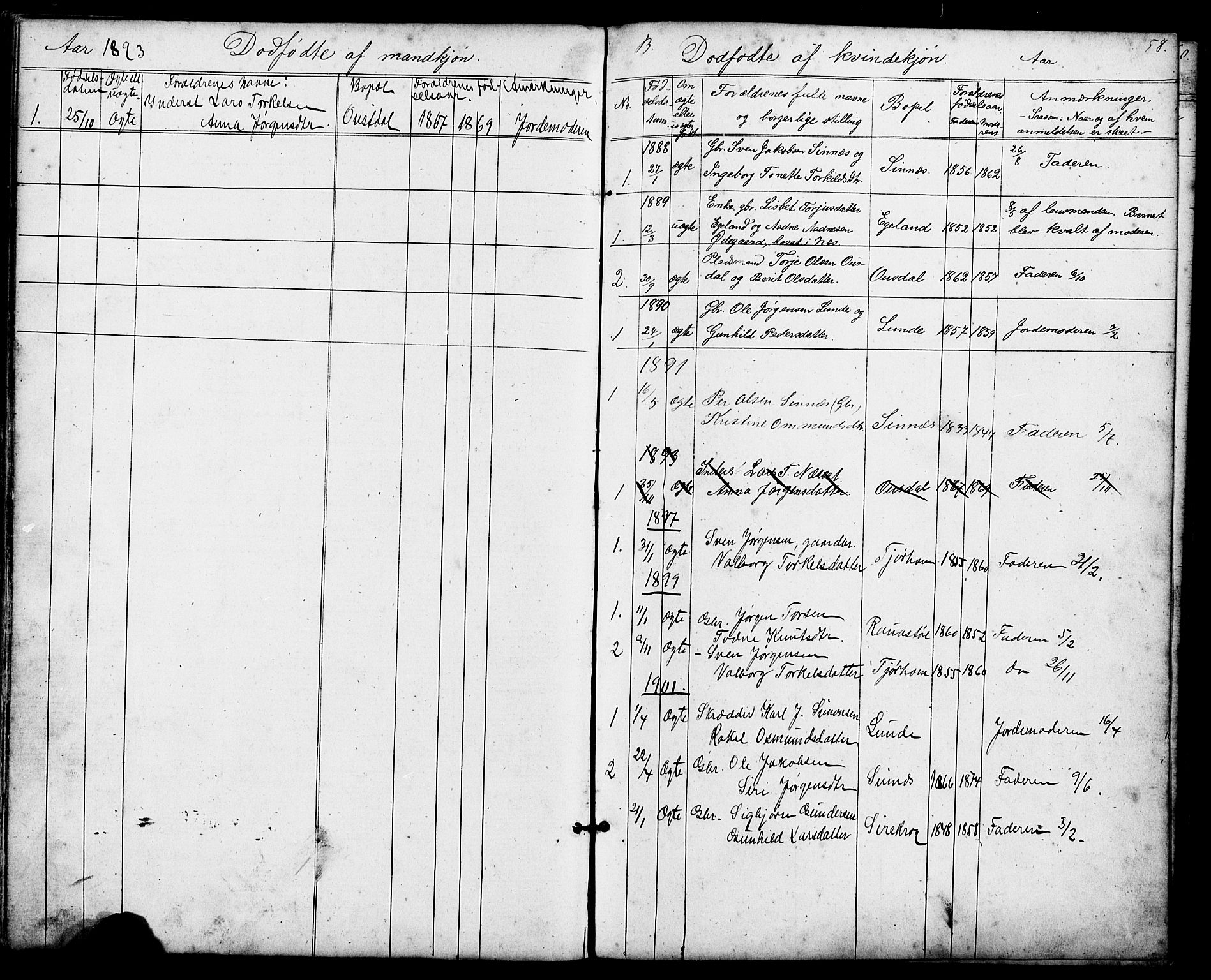 Sirdal sokneprestkontor, SAK/1111-0036/F/Fb/Fba/L0001: Parish register (copy) no. B 1, 1872-1905, p. 58
