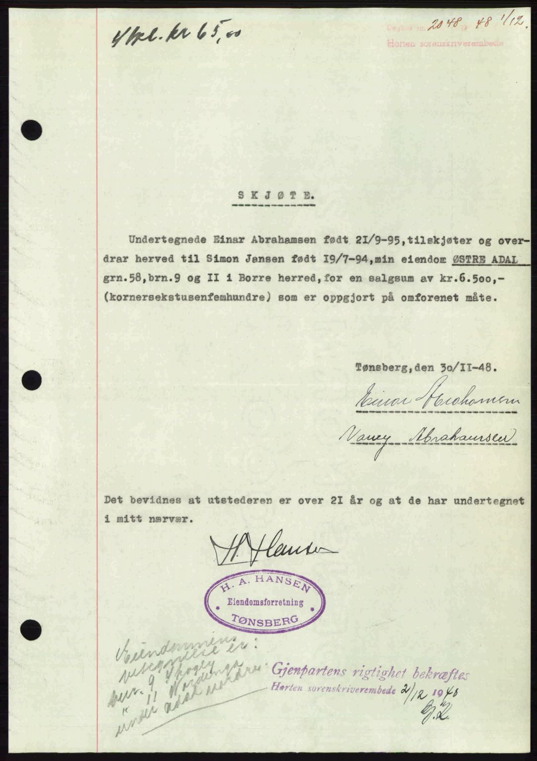 Horten sorenskriveri, AV/SAKO-A-133/G/Ga/Gaa/L0011: Mortgage book no. A-11, 1948-1948, Diary no: : 2048/1948