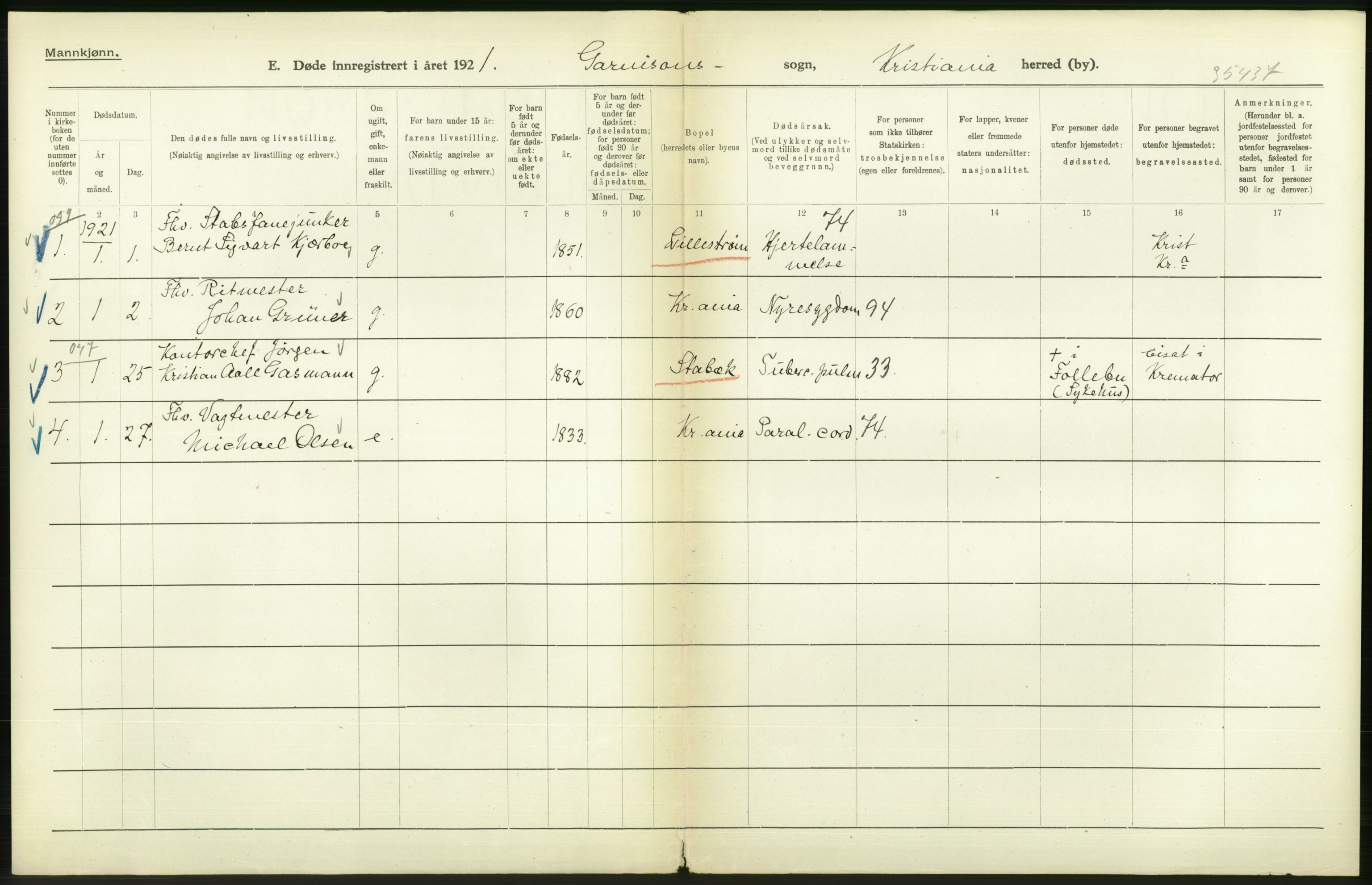 Statistisk sentralbyrå, Sosiodemografiske emner, Befolkning, AV/RA-S-2228/D/Df/Dfc/Dfca/L0013: Kristiania: Døde, dødfødte, 1921, p. 196