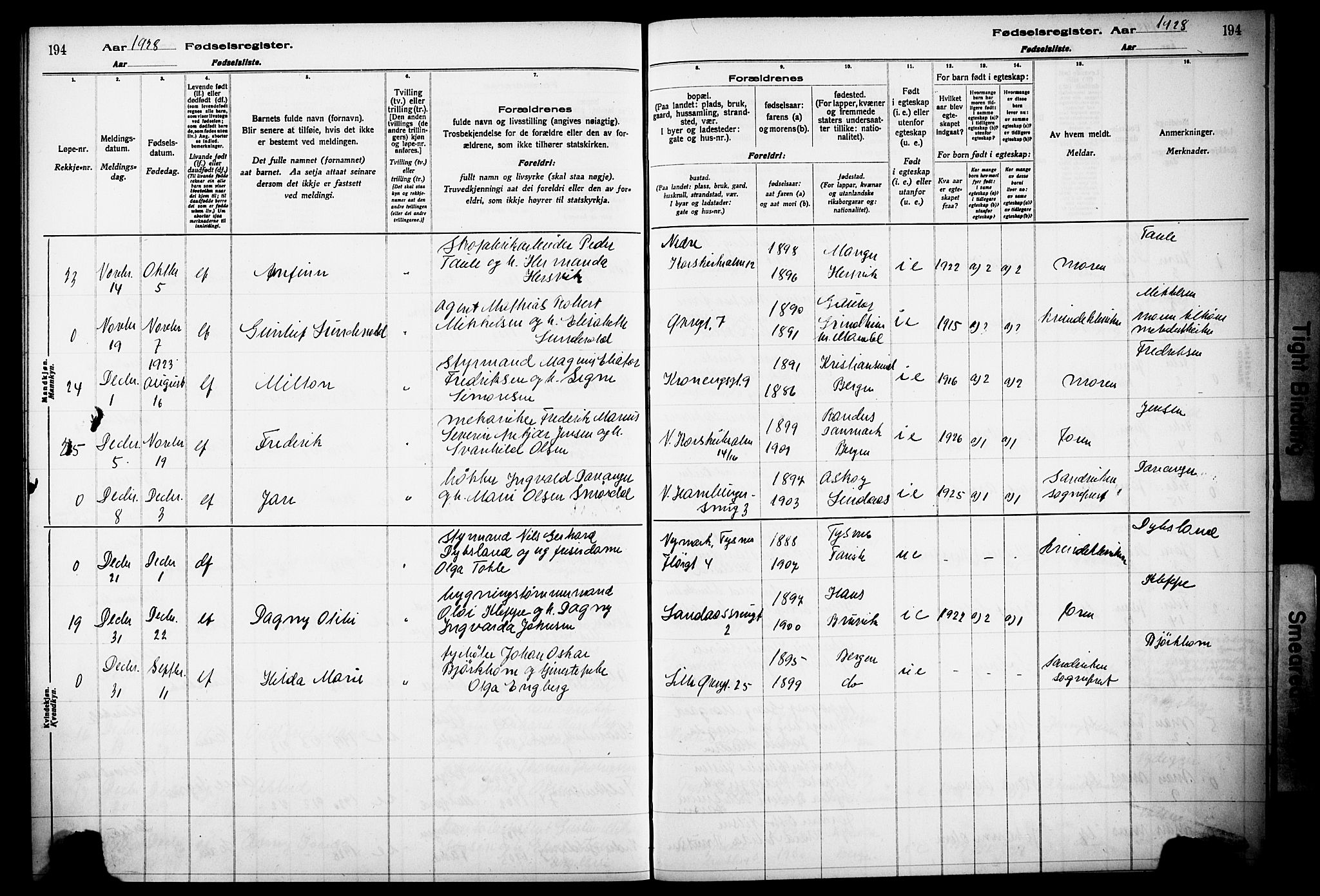 Korskirken sokneprestembete, SAB/A-76101/I/Id/L00A1: Birth register no. A 1, 1916-1929, p. 194
