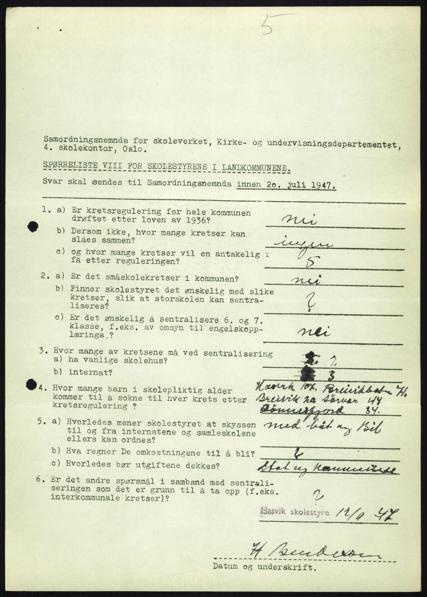 Kirke- og undervisningsdepartementet, Samordningsnemnda for skoleverket, AV/RA-S-1146/D/L0008: Svar på spørreskjema fra kommuner i Nord-Trøndelag, Nordland, Troms og Finnmark, 1947, p. 1146