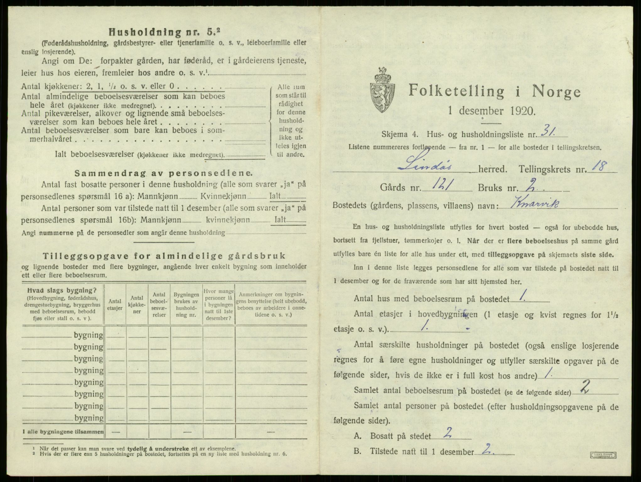 SAB, 1920 census for Lindås, 1920, p. 1336