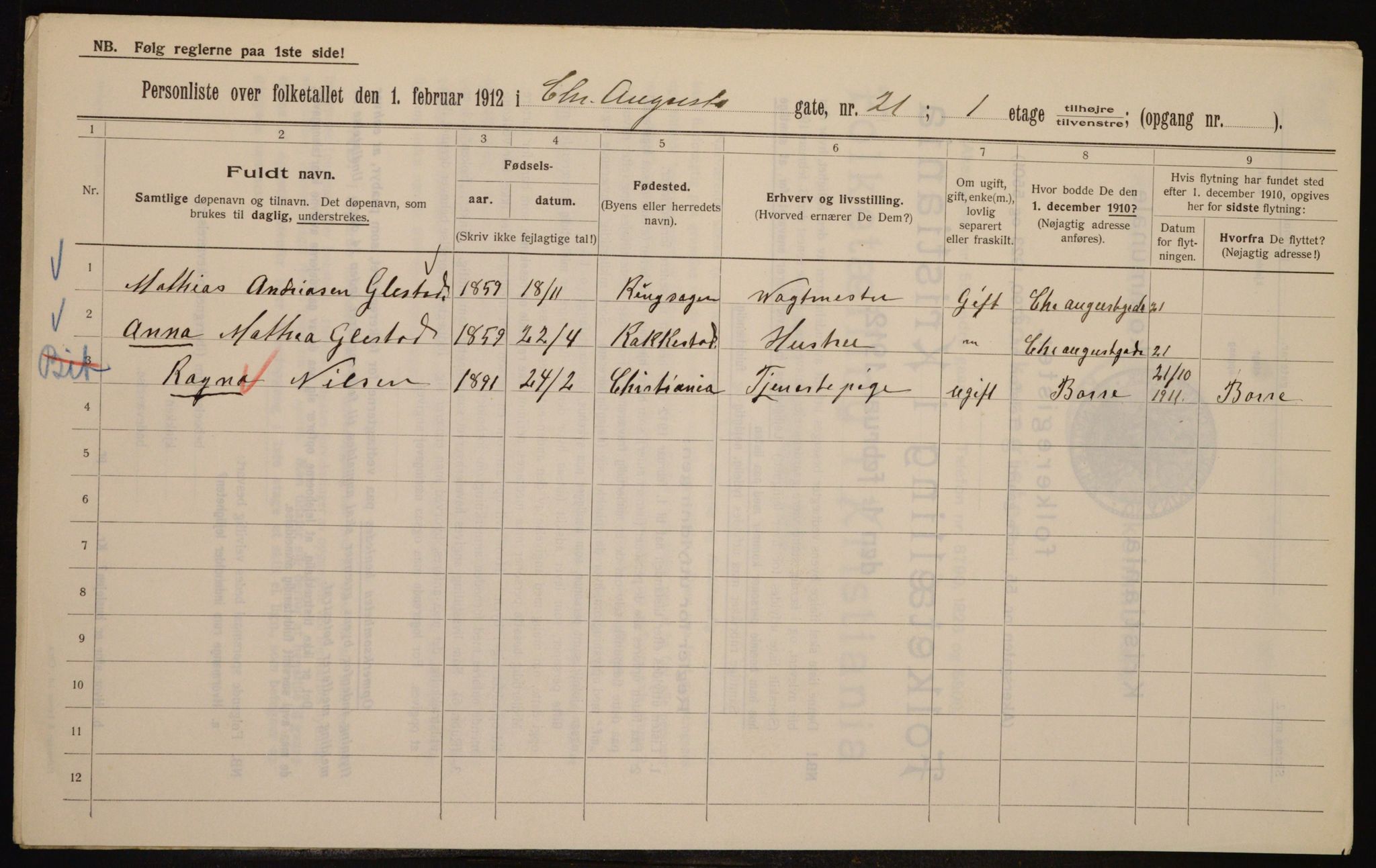 OBA, Municipal Census 1912 for Kristiania, 1912, p. 54367