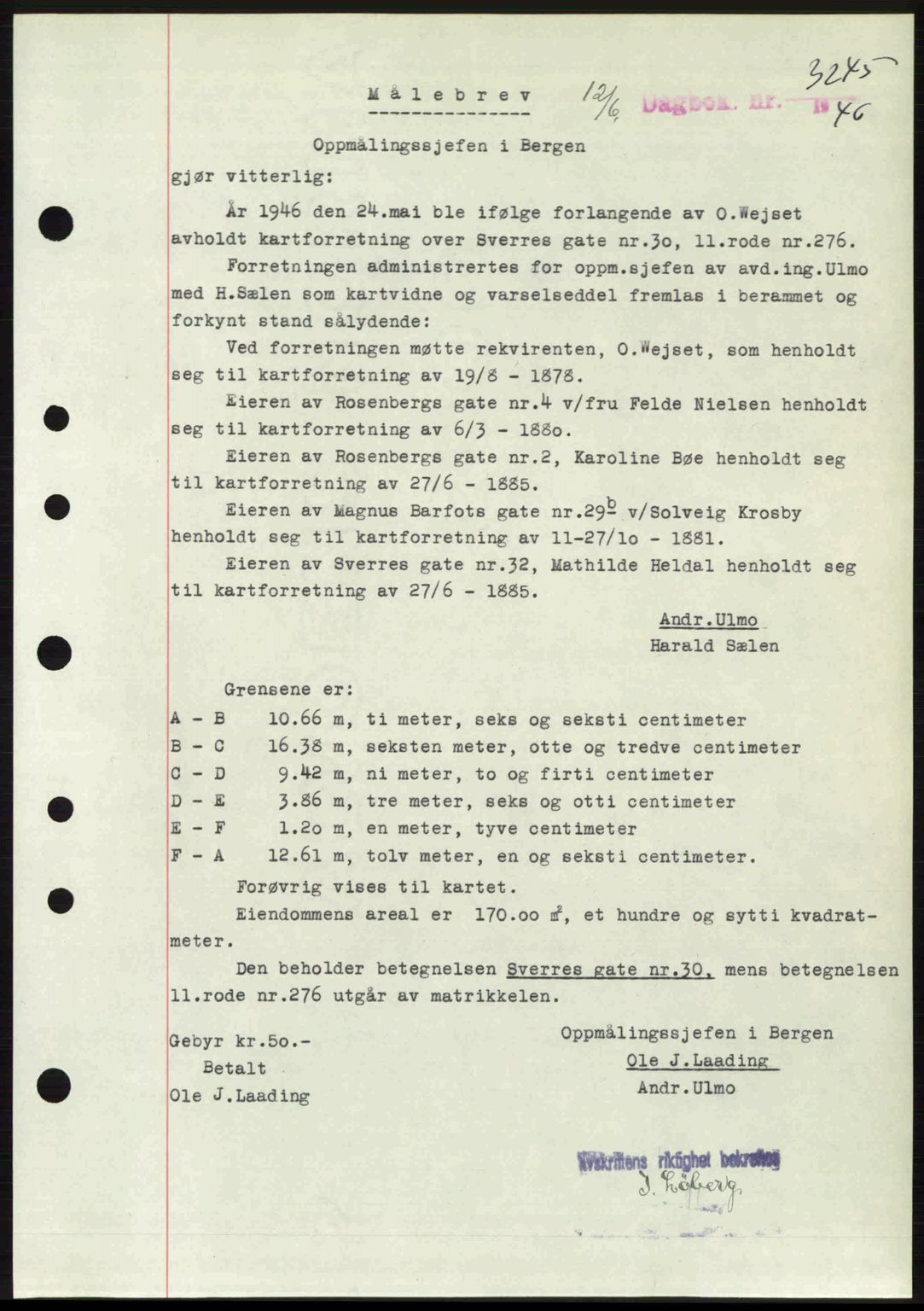 Byfogd og Byskriver i Bergen, SAB/A-3401/03/03Bc/L0022: Mortgage book no. A18, 1946-1946, Diary no: : 3245/1946