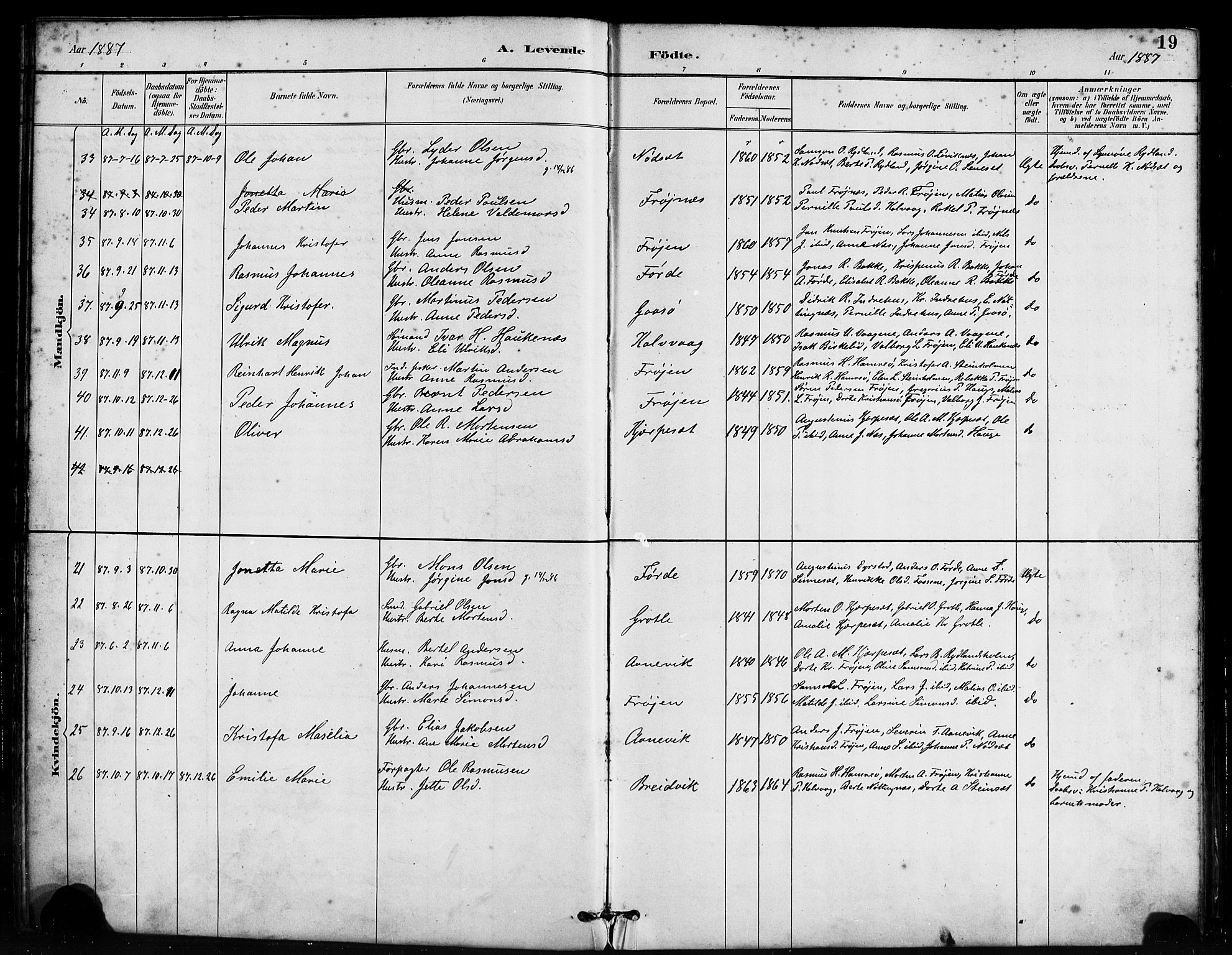 Bremanger sokneprestembete, AV/SAB-A-82201/H/Haa/Haab/L0001: Parish register (official) no. B 1, 1884-1895, p. 19