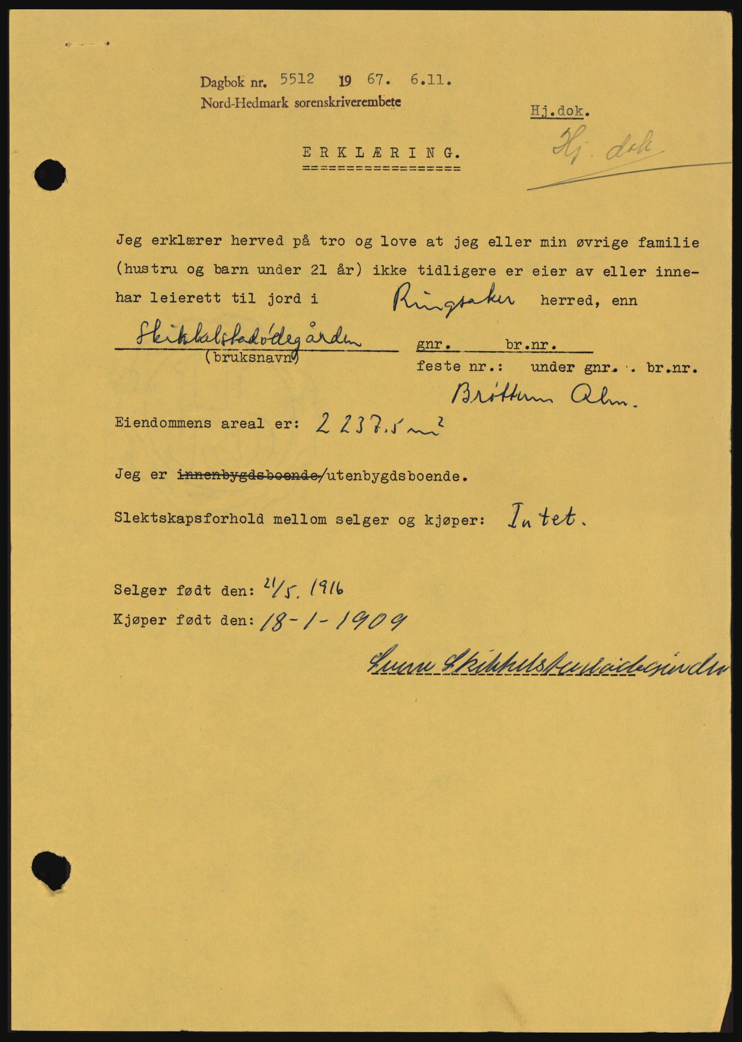 Nord-Hedmark sorenskriveri, SAH/TING-012/H/Hc/L0027: Mortgage book no. 27, 1967-1968, Diary no: : 5512/1967