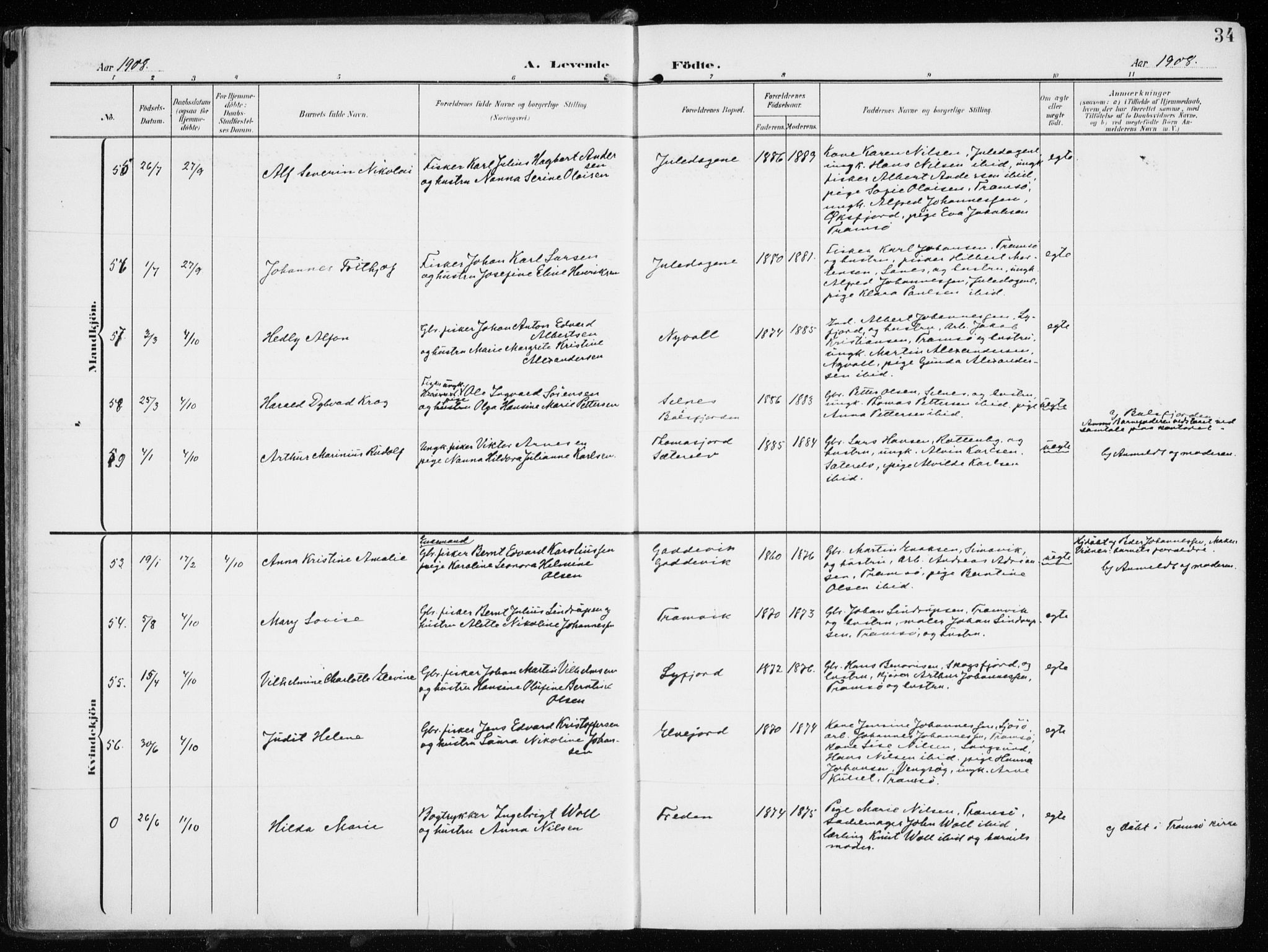 Tromsøysund sokneprestkontor, AV/SATØ-S-1304/G/Ga/L0007kirke: Parish register (official) no. 7, 1907-1914, p. 34