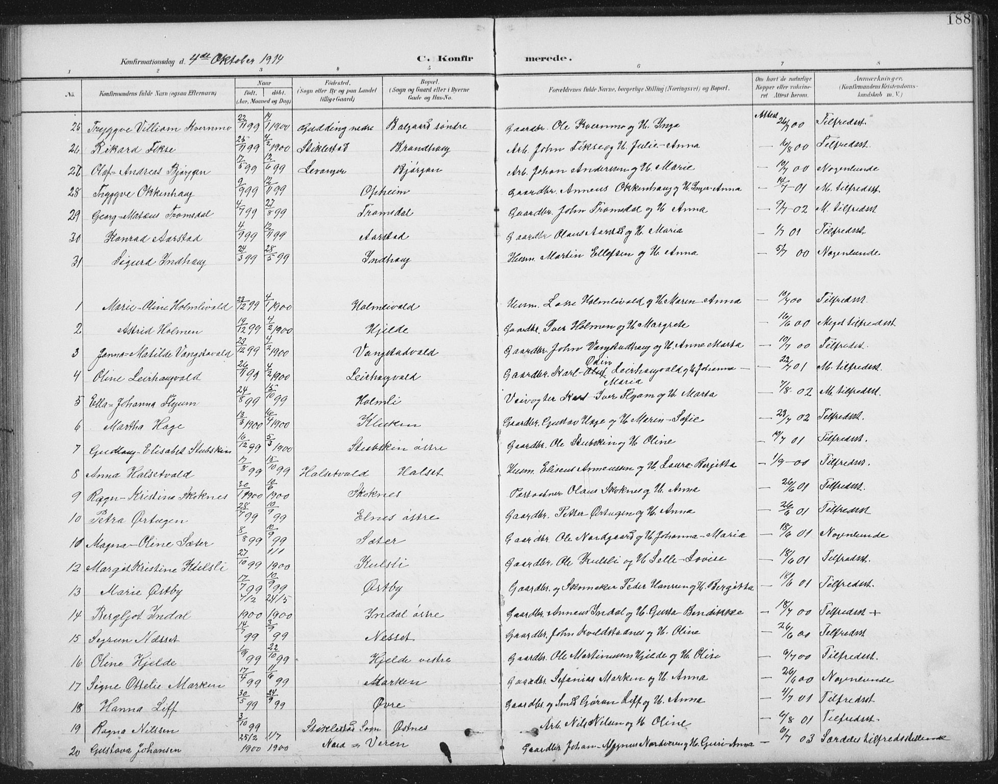 Ministerialprotokoller, klokkerbøker og fødselsregistre - Nord-Trøndelag, SAT/A-1458/724/L0269: Parish register (copy) no. 724C05, 1899-1920, p. 188