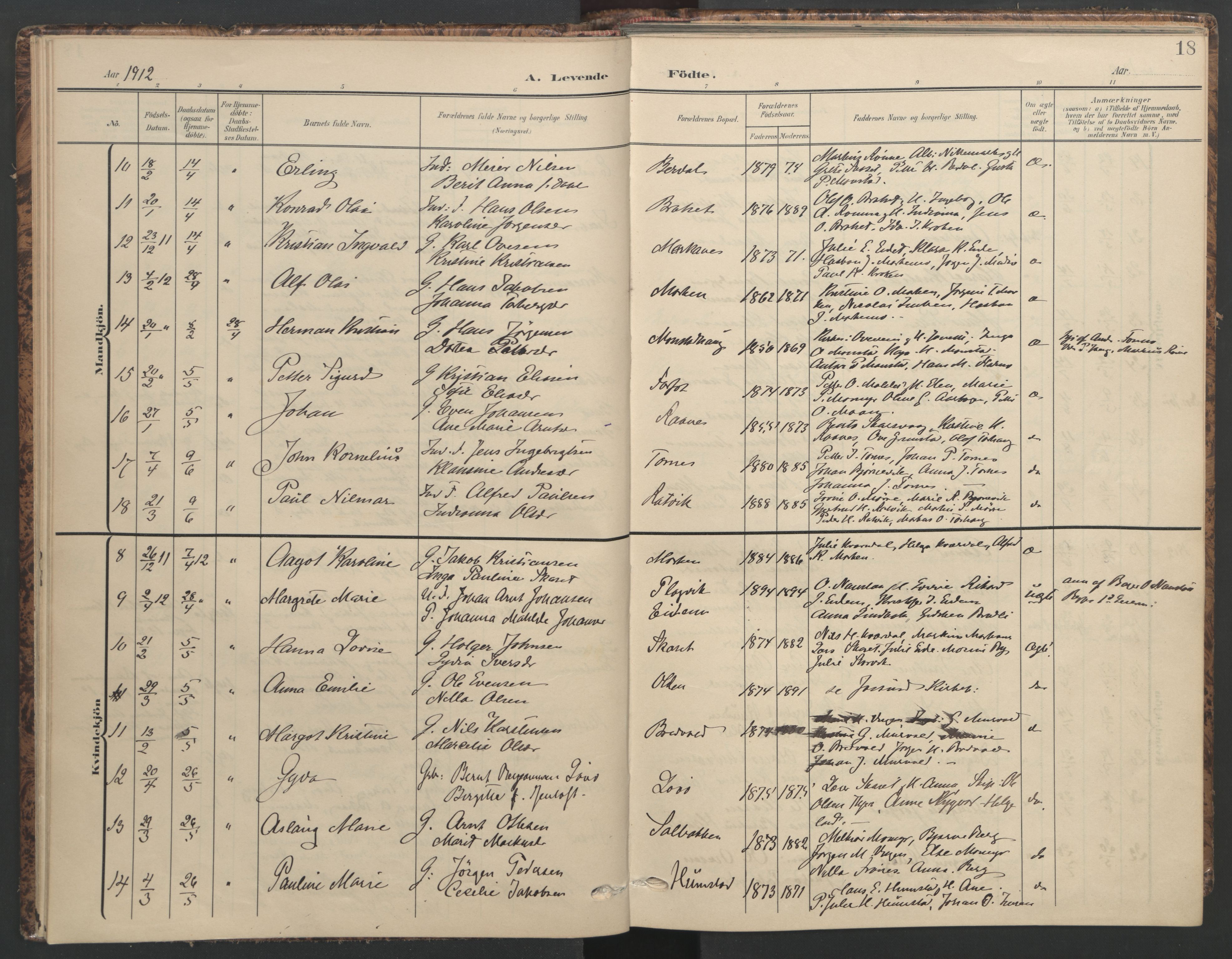 Ministerialprotokoller, klokkerbøker og fødselsregistre - Sør-Trøndelag, SAT/A-1456/655/L0682: Parish register (official) no. 655A11, 1908-1922, p. 18