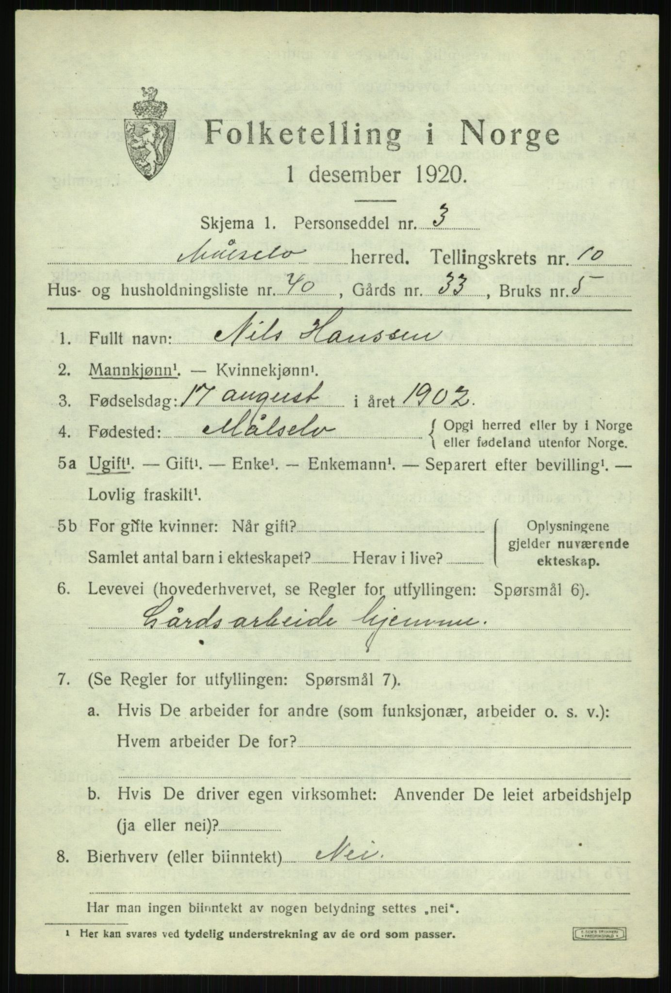 SATØ, 1920 census for Målselv, 1920, p. 6029