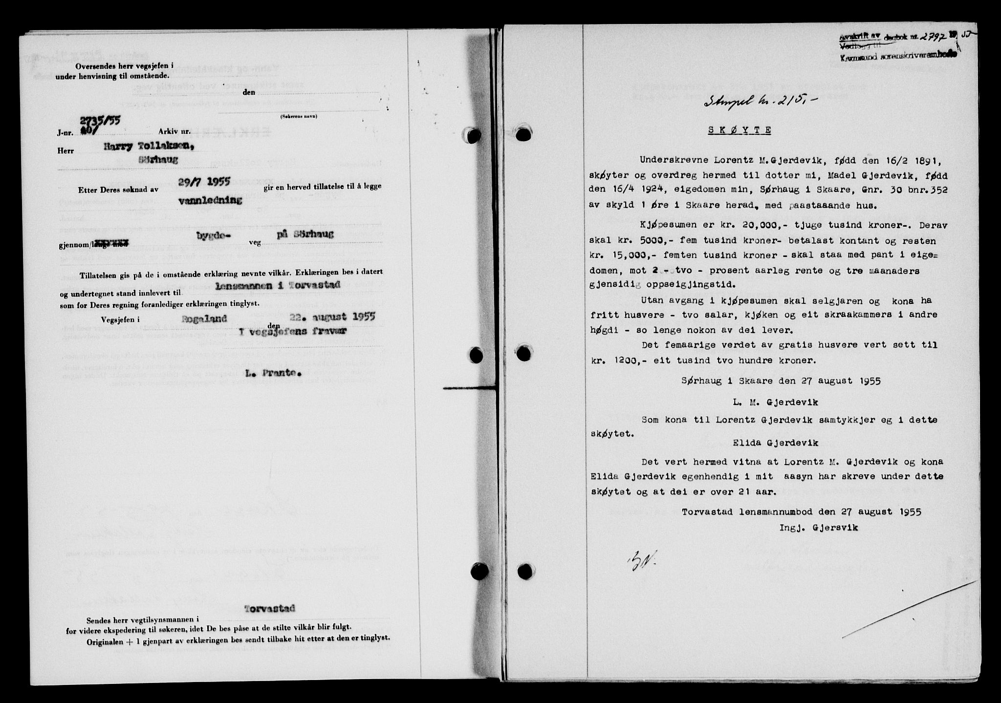 Karmsund sorenskriveri, SAST/A-100311/01/II/IIB/L0117: Mortgage book no. 97Aa, 1955-1955, Diary no: : 2797/1955