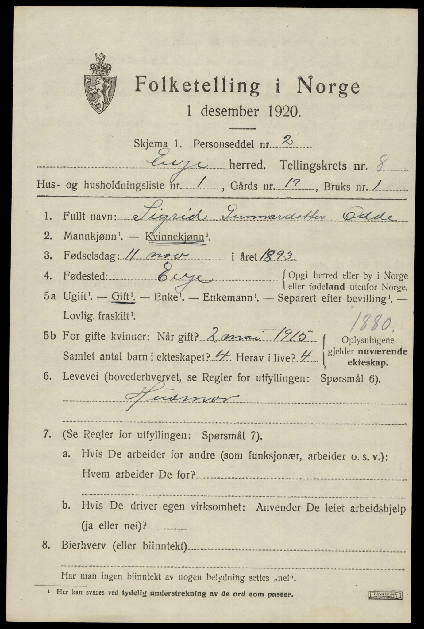 SAK, 1920 census for Evje, 1920, p. 2846