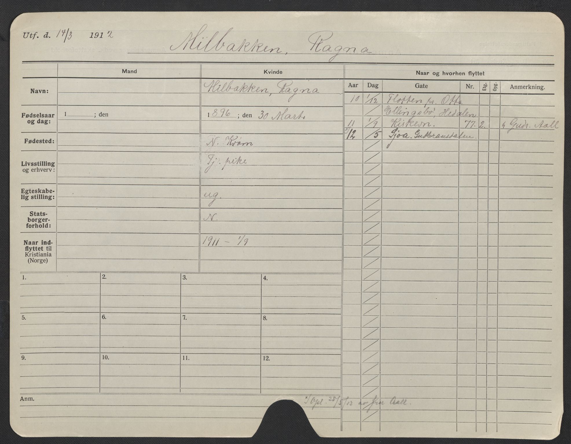 Oslo folkeregister, Registerkort, AV/SAO-A-11715/F/Fa/Fac/L0020: Kvinner, 1906-1914, p. 877a