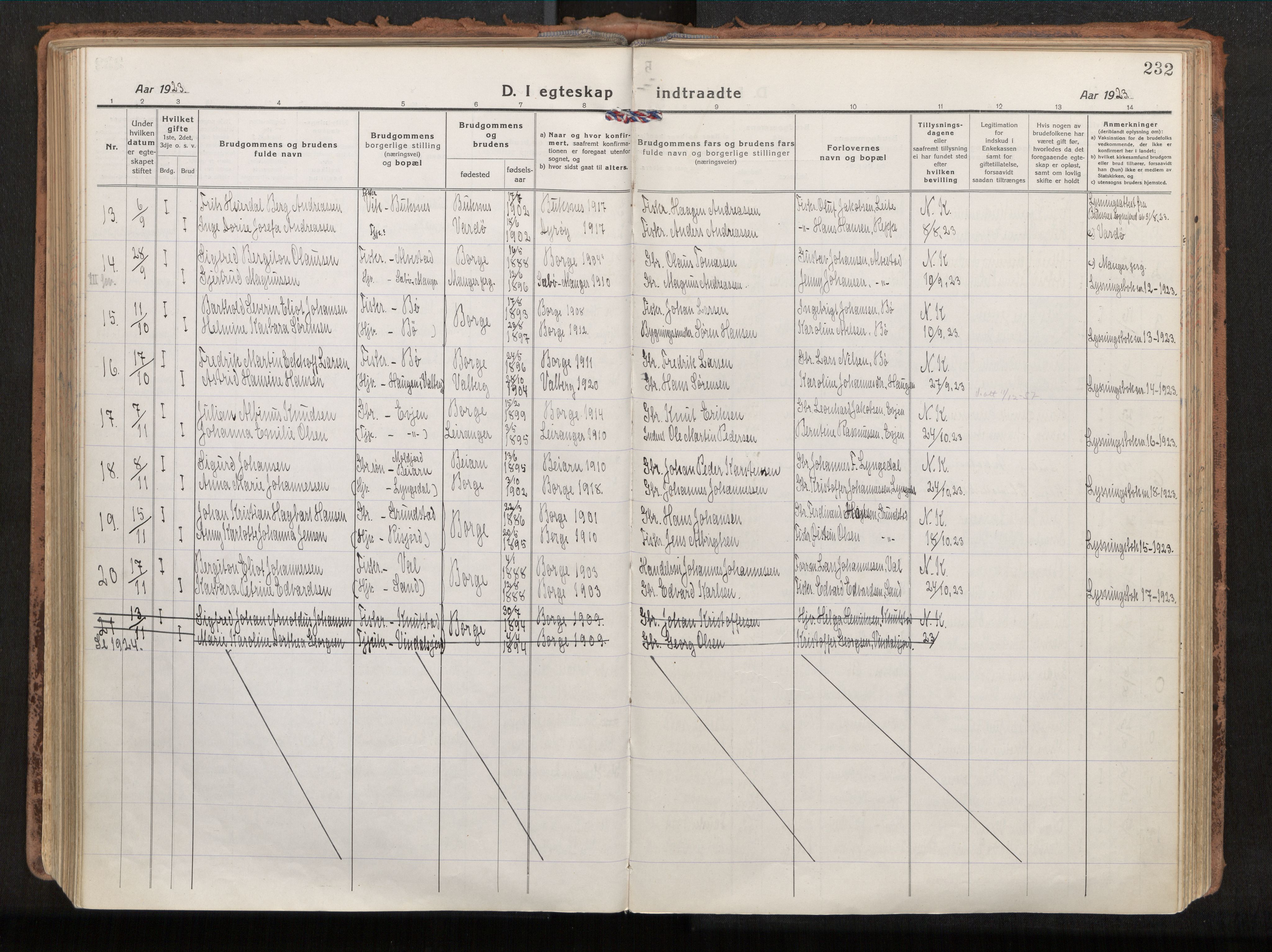 Ministerialprotokoller, klokkerbøker og fødselsregistre - Nordland, SAT/A-1459/880/L1136: Parish register (official) no. 880A10, 1919-1927, p. 232