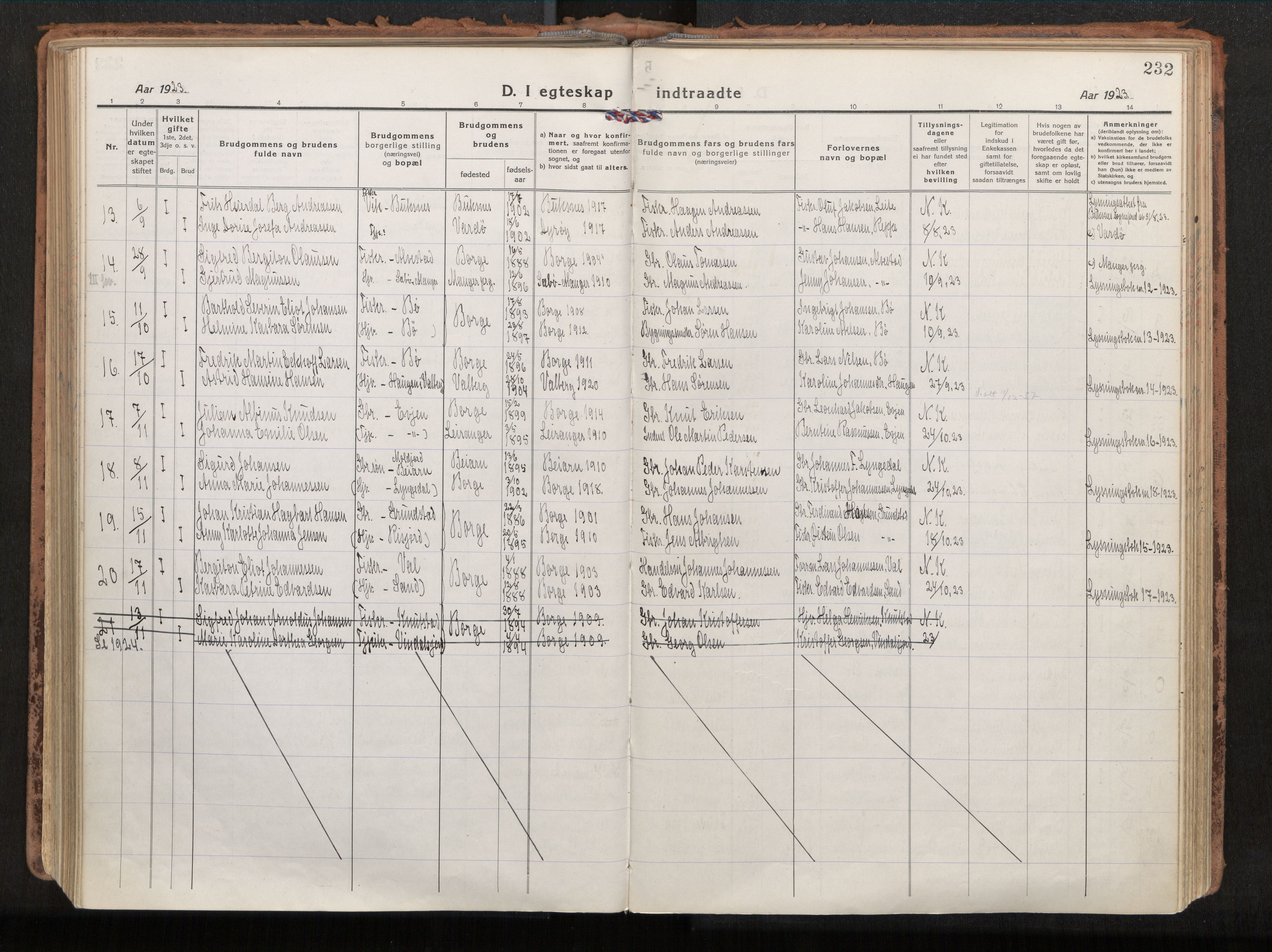 Ministerialprotokoller, klokkerbøker og fødselsregistre - Nordland, AV/SAT-A-1459/880/L1136: Parish register (official) no. 880A10, 1919-1927, p. 232