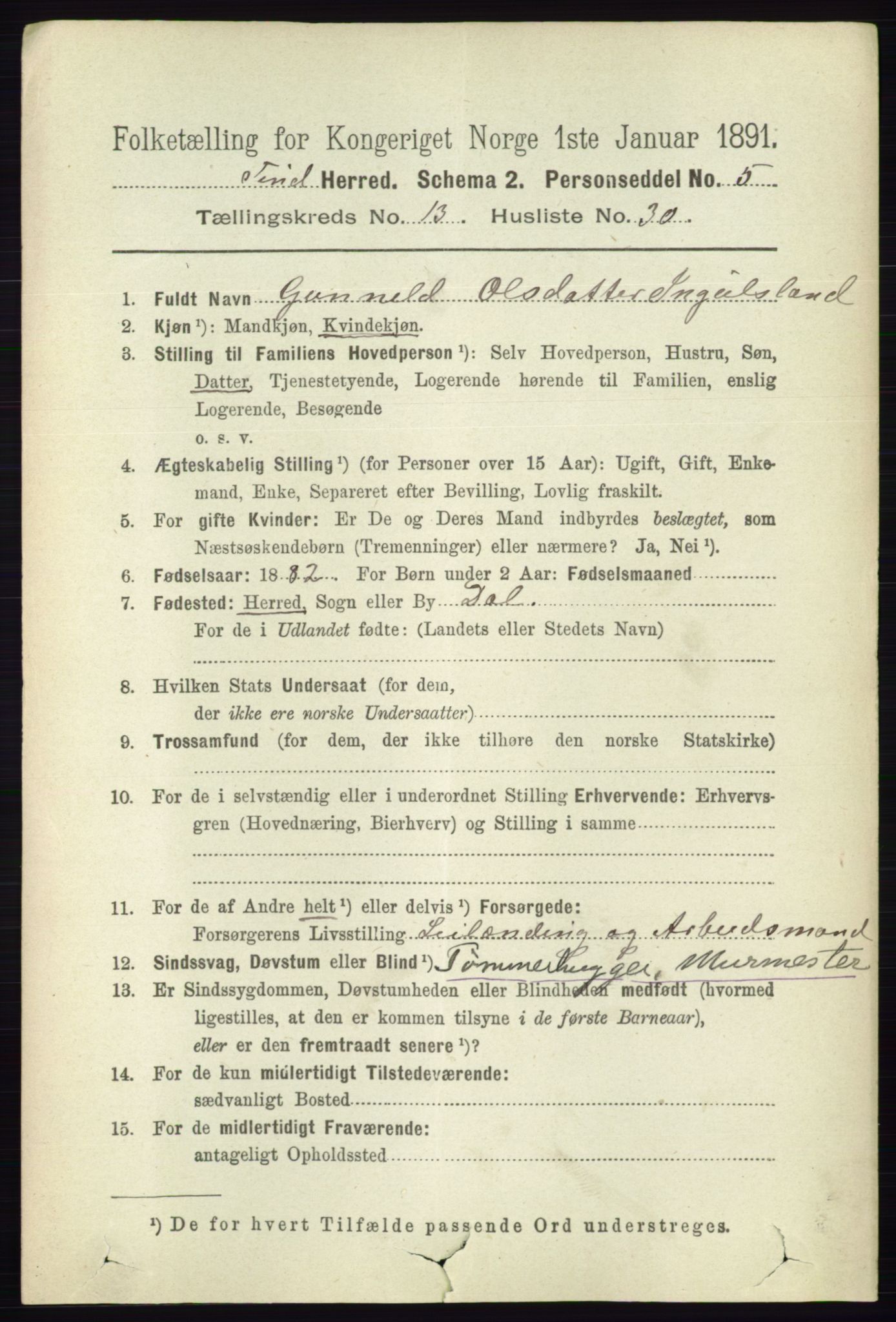 RA, 1891 census for 0826 Tinn, 1891, p. 2821