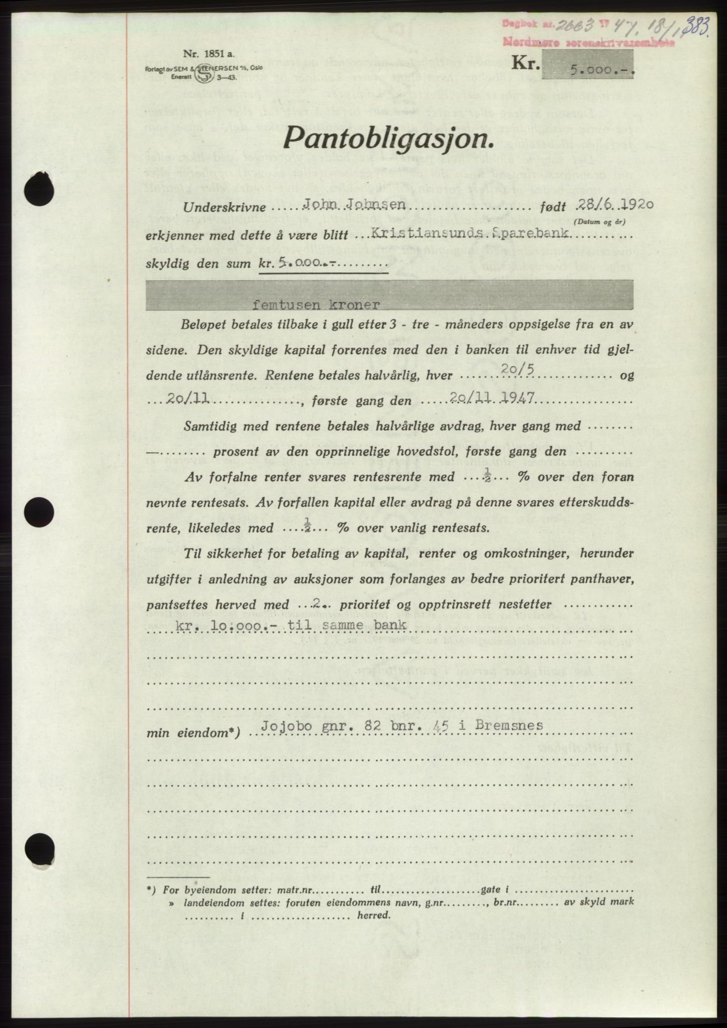 Nordmøre sorenskriveri, AV/SAT-A-4132/1/2/2Ca: Mortgage book no. B97, 1947-1948, Diary no: : 2663/1947