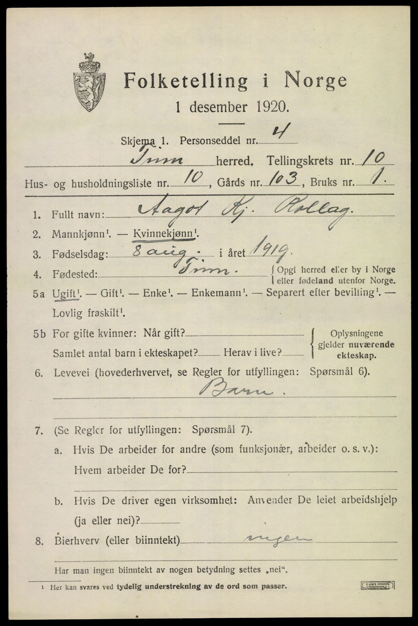 SAKO, 1920 census for Tinn, 1920, p. 6474