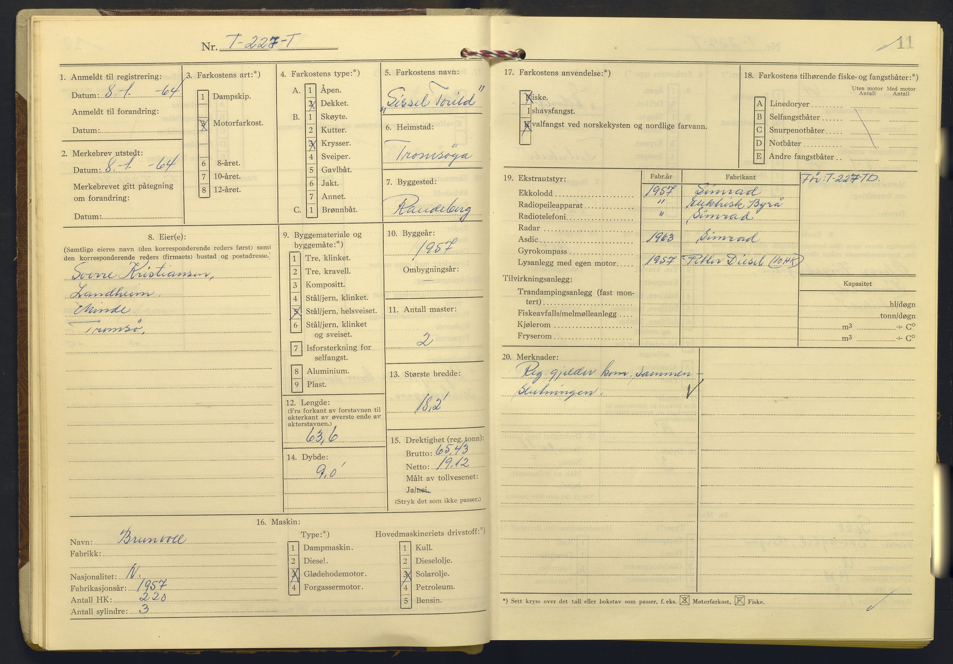 Fiskeridirektoratet - 1 Adm. ledelse - 13 Båtkontoret, AV/SAB-A-2003/I/Ia/Iab/L0072: 135.0230/2  Merkeprotokoll - Tromsø, 1963-1966