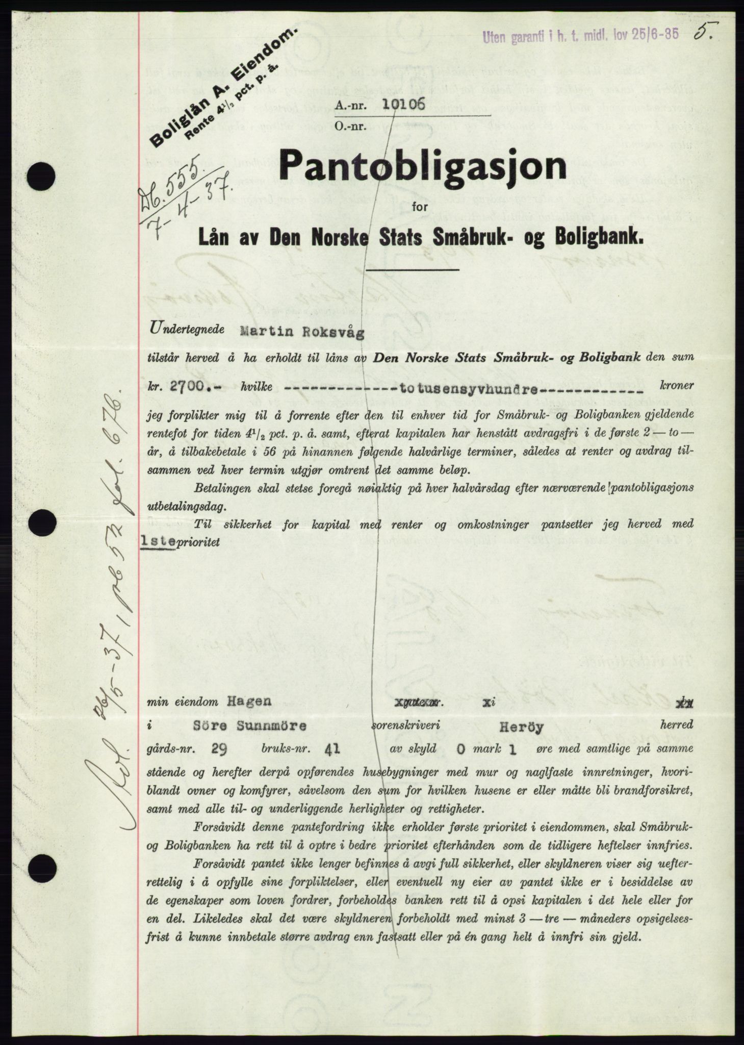 Søre Sunnmøre sorenskriveri, AV/SAT-A-4122/1/2/2C/L0063: Mortgage book no. 57, 1937-1937, Diary no: : 555/1937