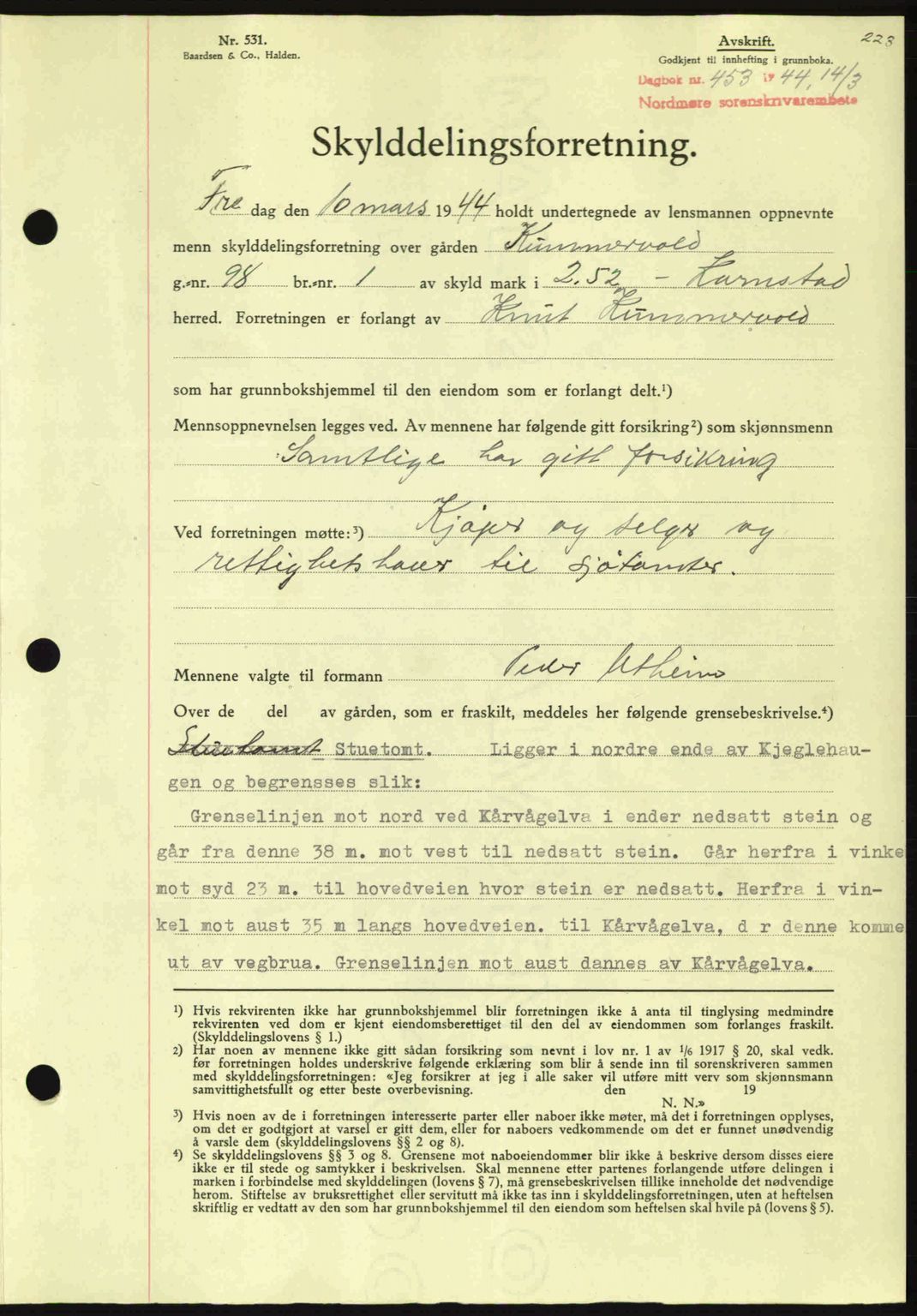 Nordmøre sorenskriveri, AV/SAT-A-4132/1/2/2Ca: Mortgage book no. A97, 1944-1944, Diary no: : 453/1944