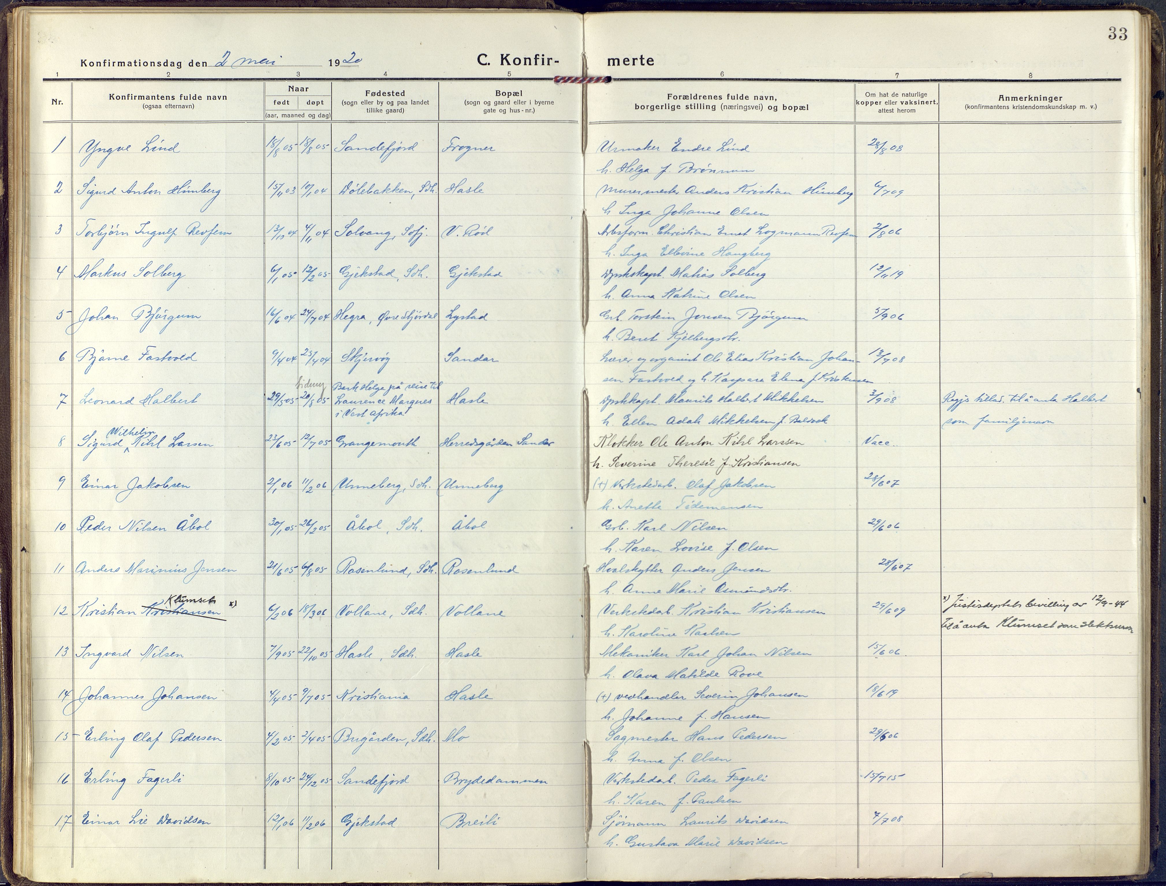 Sandar kirkebøker, SAKO/A-243/F/Fa/L0018: Parish register (official) no. 18, 1917-1926, p. 33