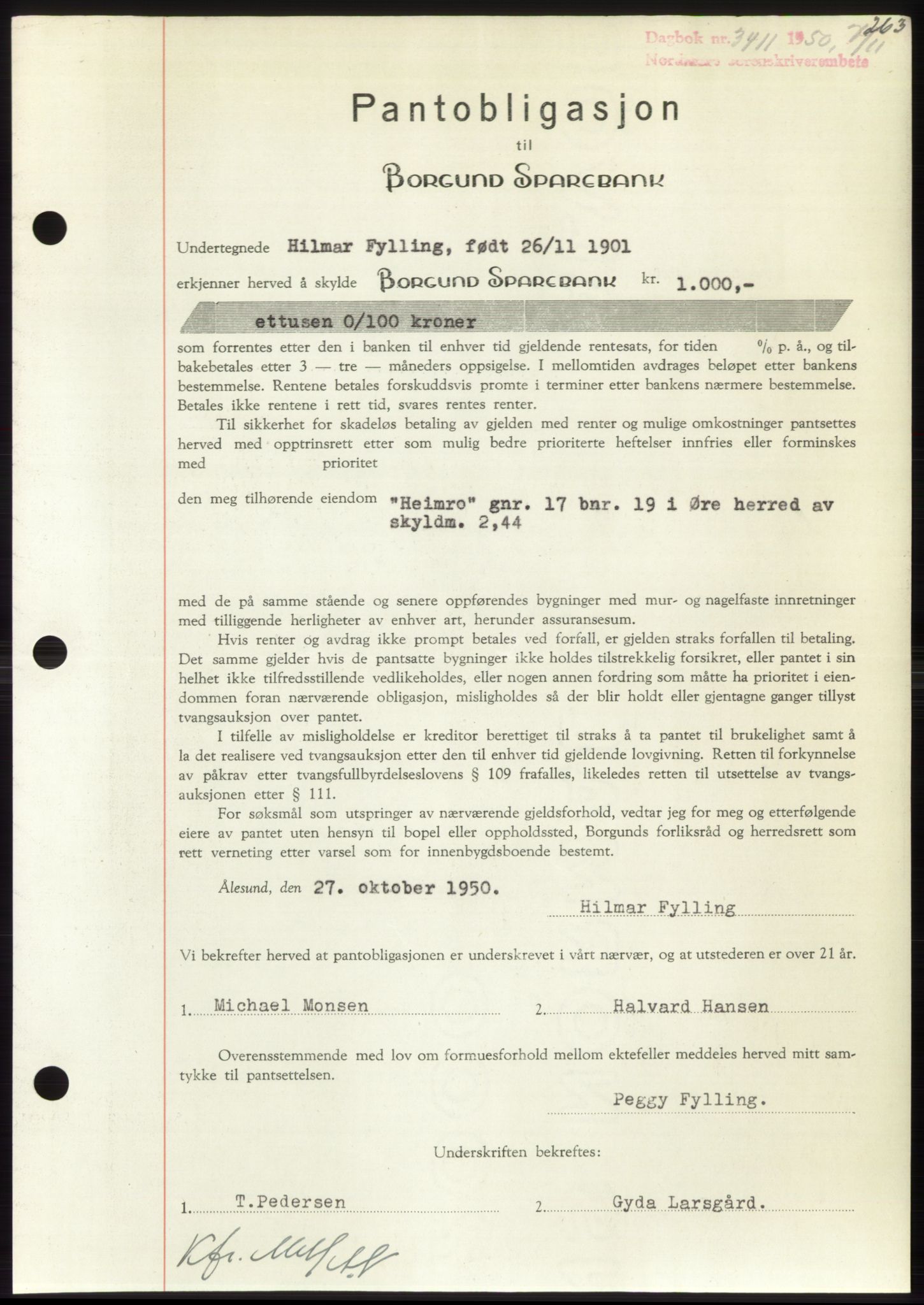 Nordmøre sorenskriveri, AV/SAT-A-4132/1/2/2Ca: Mortgage book no. B106, 1950-1950, Diary no: : 3411/1950