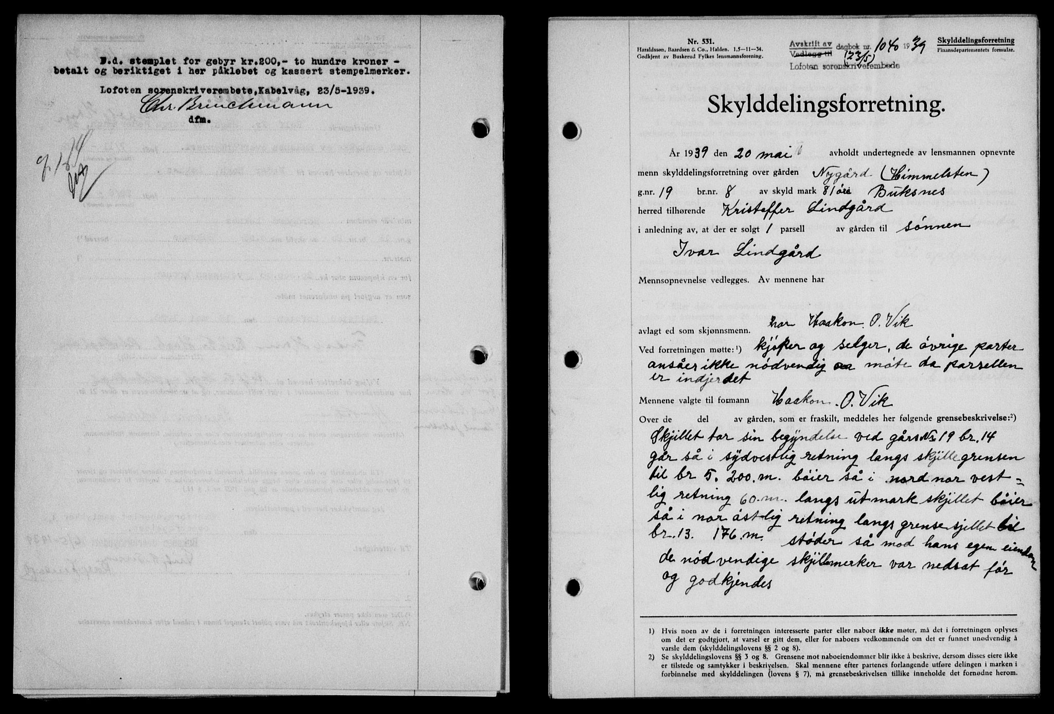 Lofoten sorenskriveri, SAT/A-0017/1/2/2C/L0005a: Mortgage book no. 5a, 1939-1939, Diary no: : 1040/1939