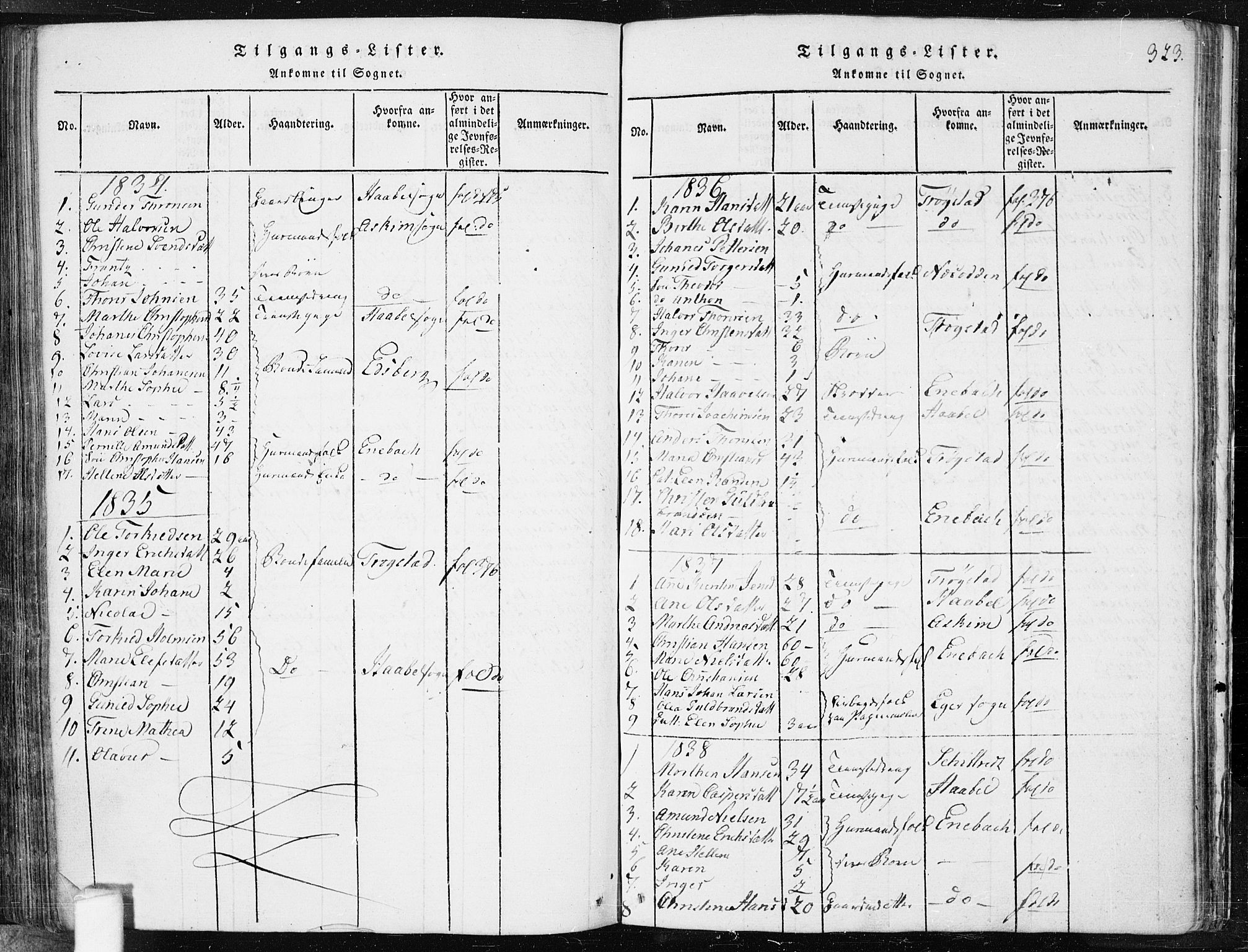 Spydeberg prestekontor Kirkebøker, AV/SAO-A-10924/F/Fa/L0004: Parish register (official) no. I 4, 1814-1841, p. 323