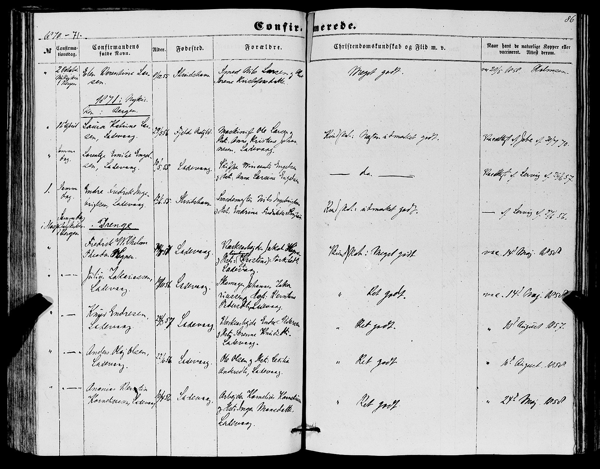 Askøy Sokneprestembete, SAB/A-74101/H/Ha/Haa/Haaa/L0012: Parish register (official) no. A 12, 1855-1877, p. 86