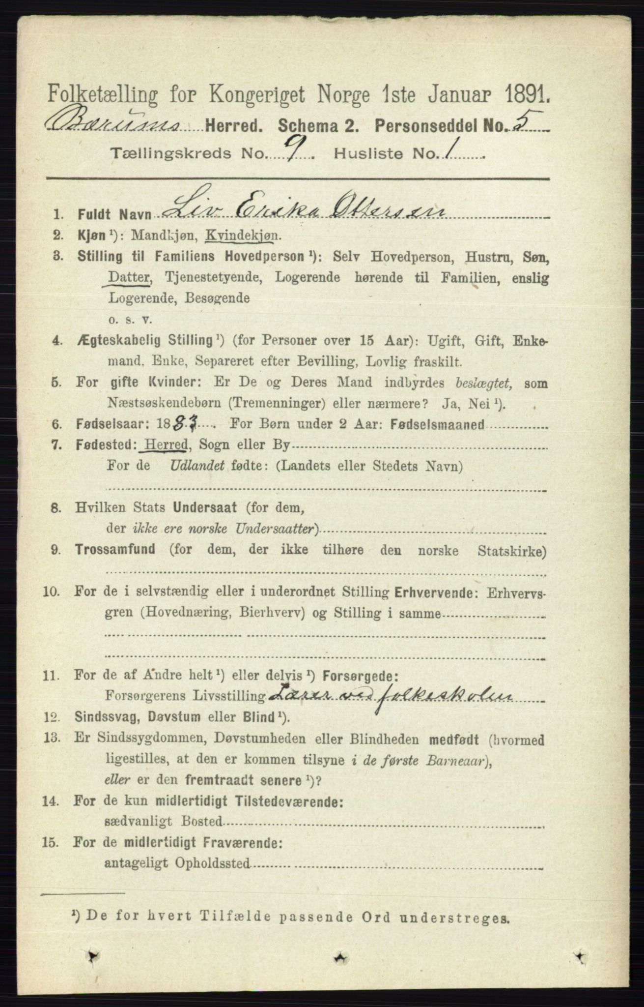 RA, 1891 census for 0219 Bærum, 1891, p. 5138