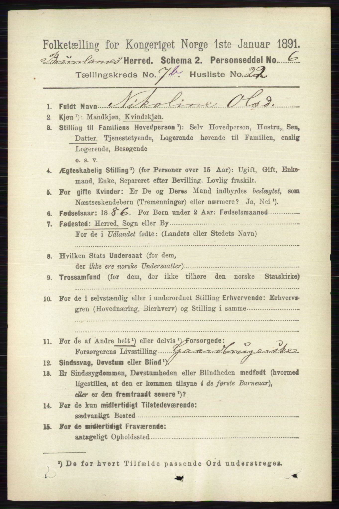 RA, 1891 census for 0726 Brunlanes, 1891, p. 3485