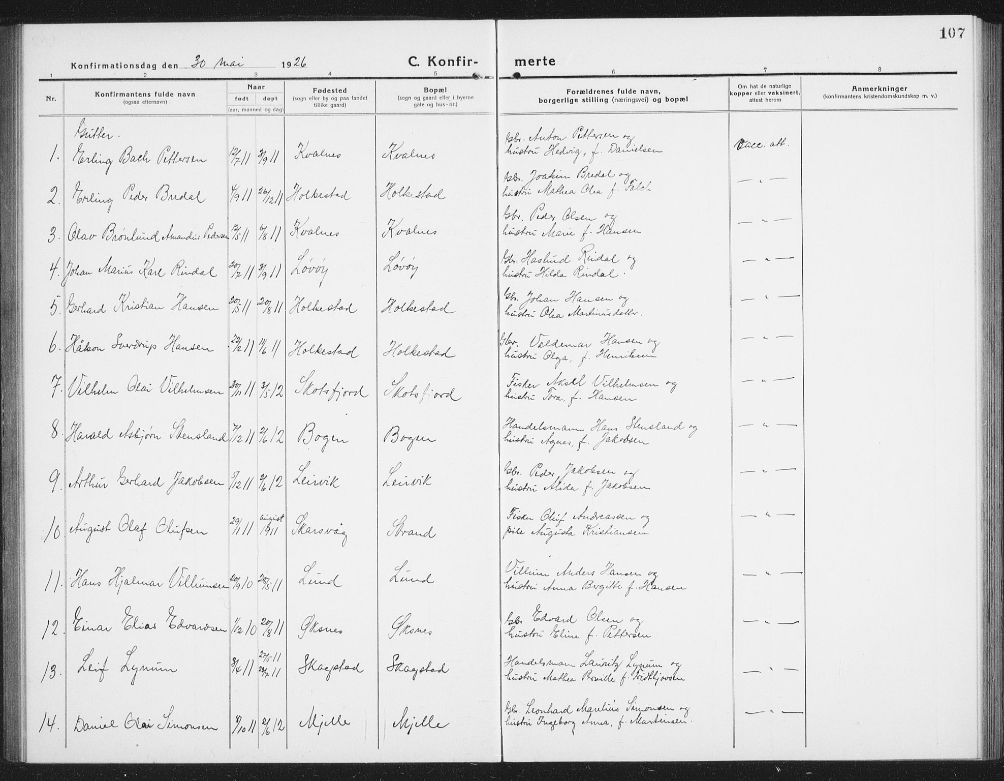 Ministerialprotokoller, klokkerbøker og fødselsregistre - Nordland, SAT/A-1459/855/L0817: Parish register (copy) no. 855C06, 1917-1934, p. 107