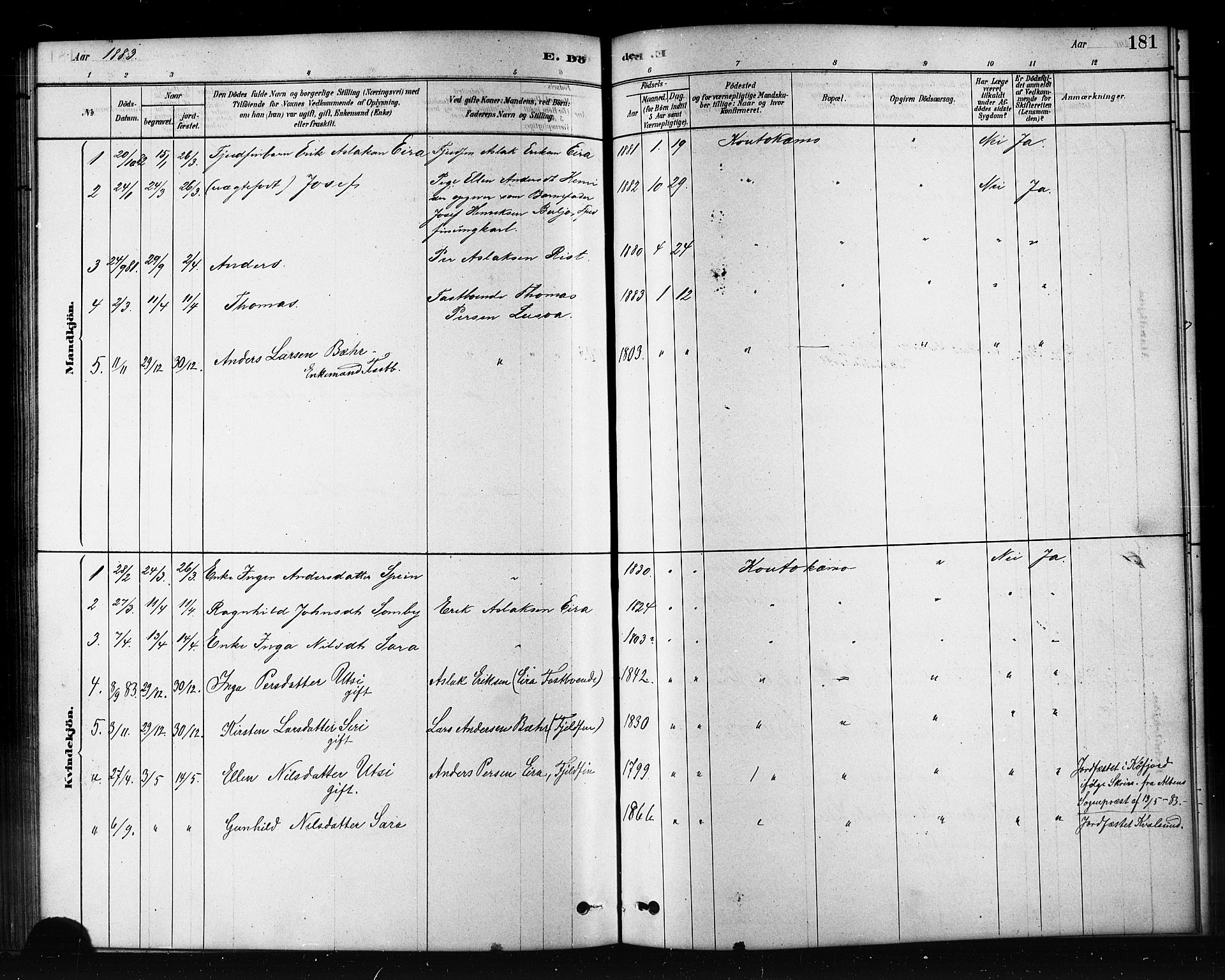 Kautokeino sokneprestembete, AV/SATØ-S-1340/H/Hb/L0002.klokk: Parish register (copy) no. 2, 1877-1896, p. 181