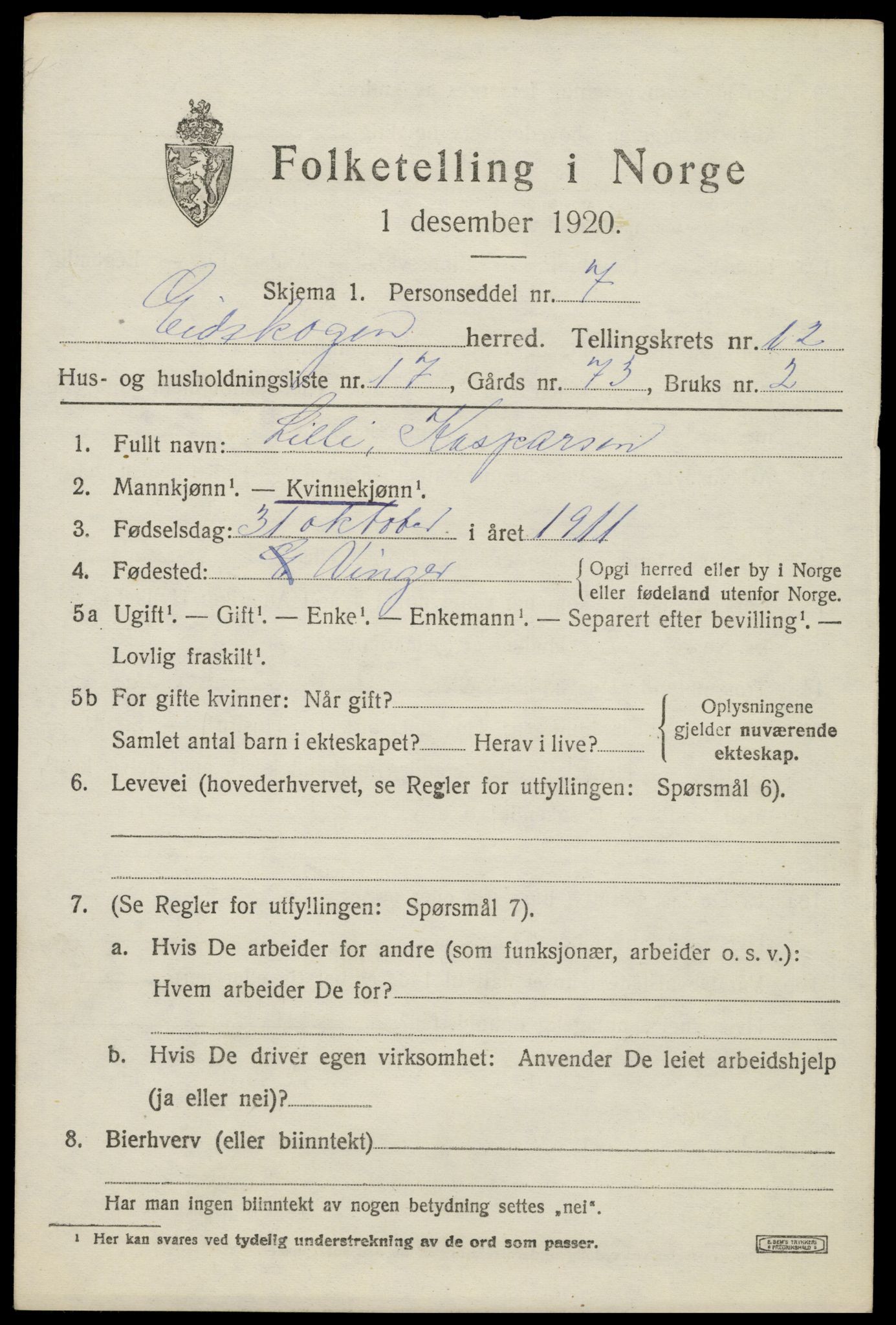 SAH, 1920 census for Eidskog, 1920, p. 11961