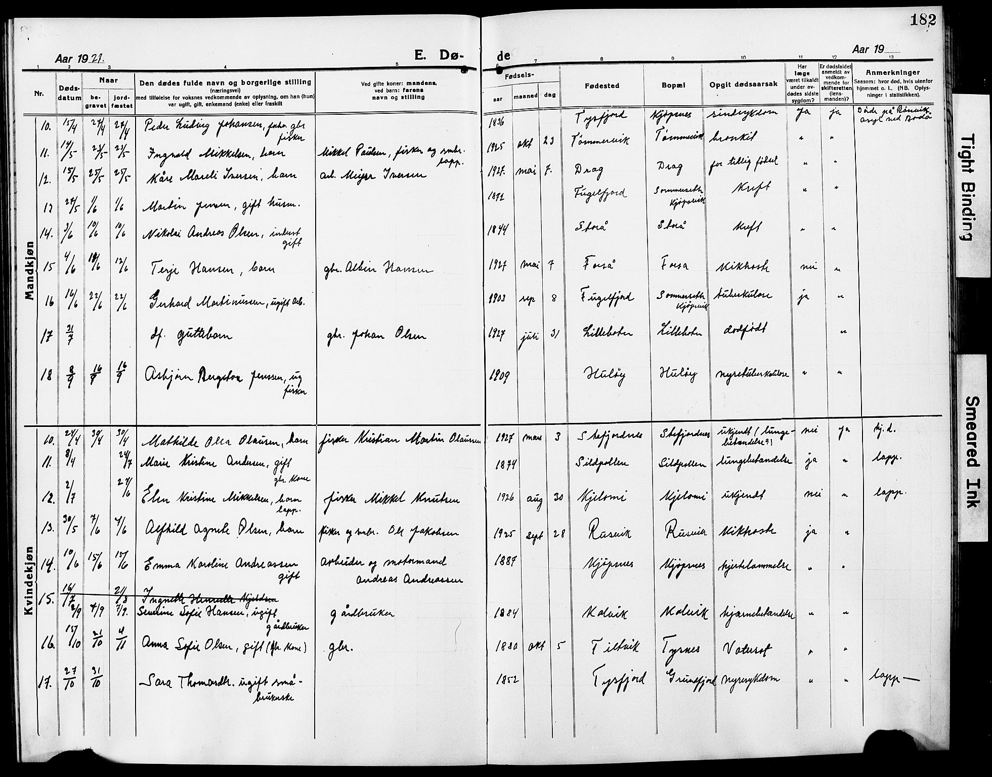 Ministerialprotokoller, klokkerbøker og fødselsregistre - Nordland, AV/SAT-A-1459/861/L0878: Parish register (copy) no. 861C04, 1917-1928, p. 182