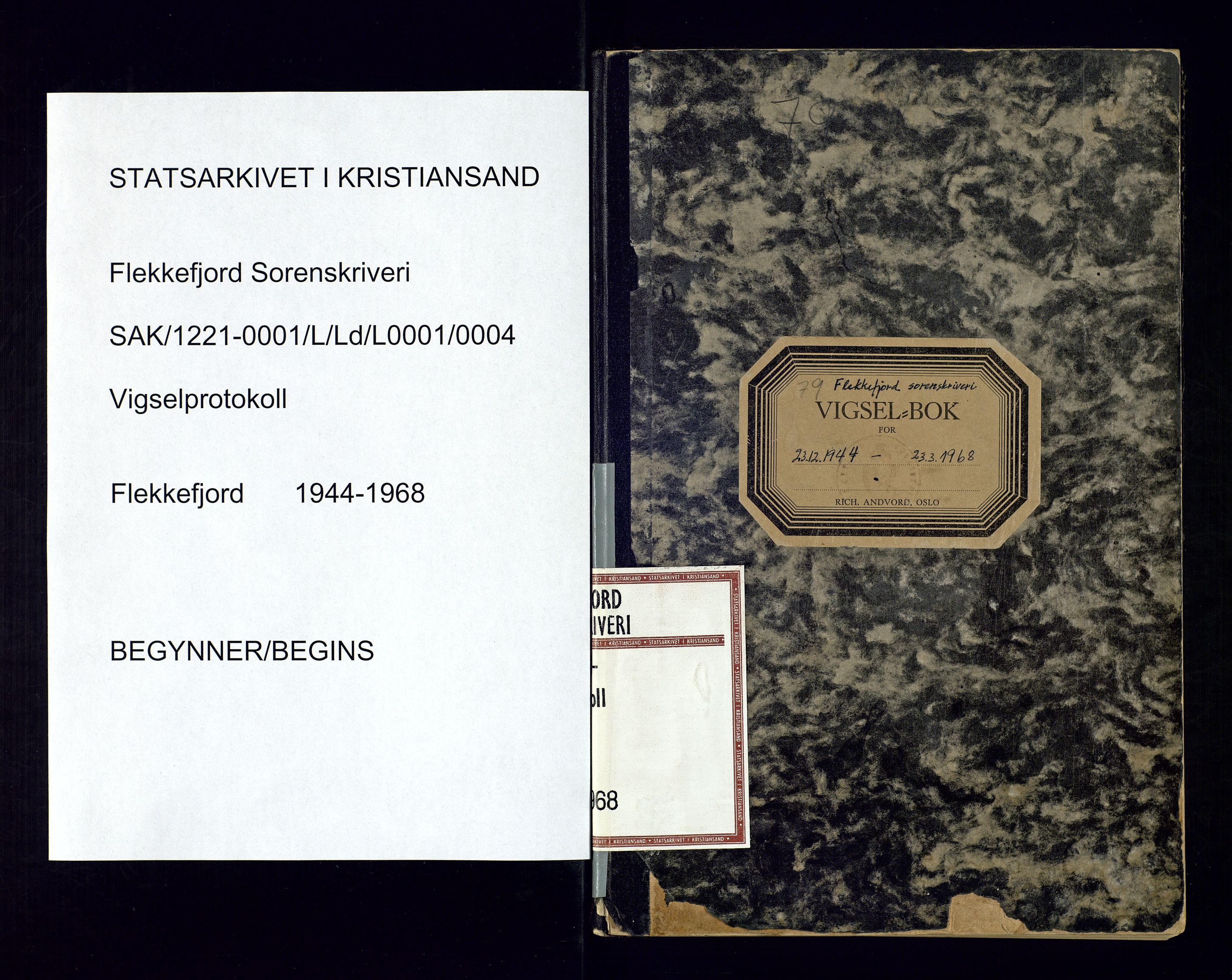 Flekkefjord sorenskriveri, SAK/1221-0001/L/Ld/L0001/0004: Lysings- og vigselprotokoller / Vigselprotokoll, 1944-1968